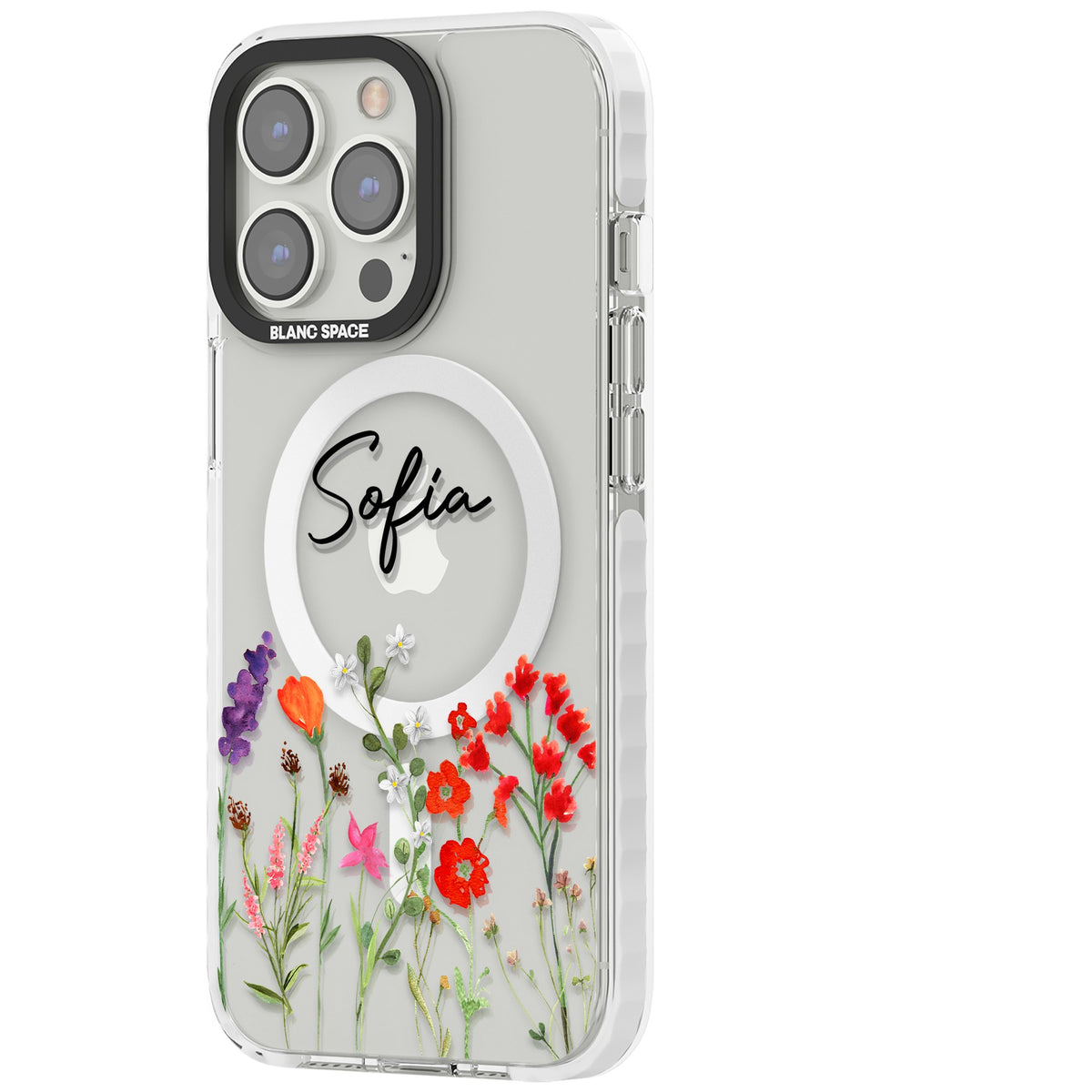 Personalised Spring Wildflowers iPhone 13 Pro / iPhone 13 Pro Max / iPhone 14 Pro / iPhone 14 Pro Max / iPhone 15 Pro / iPhone 15 Pro Max Impact Pro Clear Phone Case side