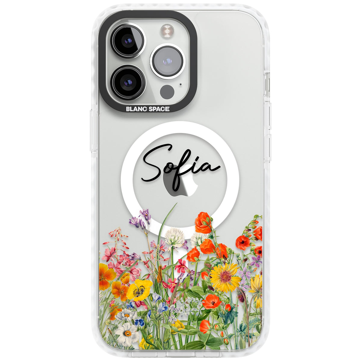 Personalised Summer Wildflowers iPhone 13 Pro / iPhone 13 Pro Max / iPhone 14 Pro / iPhone 14 Pro Max / iPhone 15 Pro / iPhone 15 Pro Max Impact Pro Clear Phone Case front