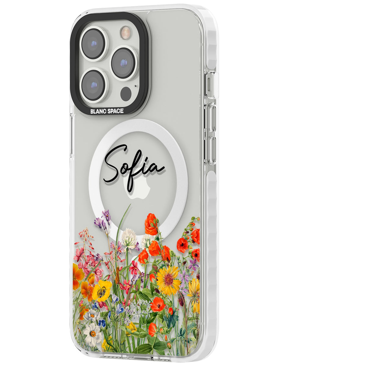 Personalised Summer Wildflowers iPhone 13 Pro / iPhone 13 Pro Max / iPhone 14 Pro / iPhone 14 Pro Max / iPhone 15 Pro / iPhone 15 Pro Max Impact Pro Clear Phone Case side