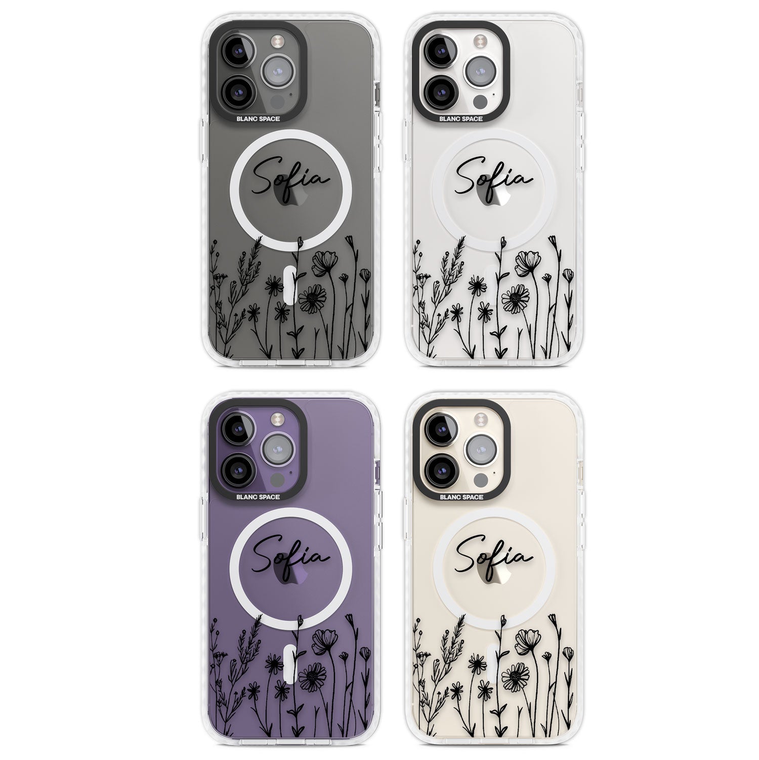 Personalised Black Wildflowers Magsafe Impact Phone Case for iPhone 13 Pro, iPhone 14 Pro, iPhone 15 Pro