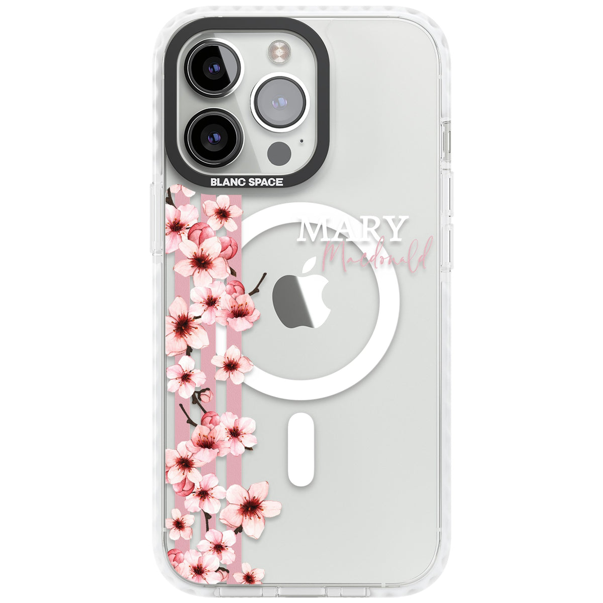 Personalised Cherry Blossom Stripe iPhone 13 Pro / iPhone 13 Pro Max / iPhone 14 Pro / iPhone 14 Pro Max / iPhone 15 Pro / iPhone 15 Pro Max Impact Pro Clear Phone Case front
