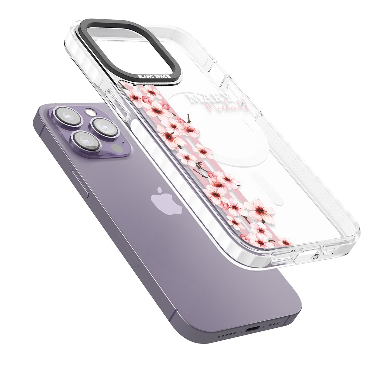 Personalised Cherry Blossom Stripe iPhone 13 Pro / iPhone 13 Pro Max / iPhone 14 Pro / iPhone 14 Pro Max / iPhone 15 Pro / iPhone 15 Pro Max Impact Pro Clear Phone Case angled
