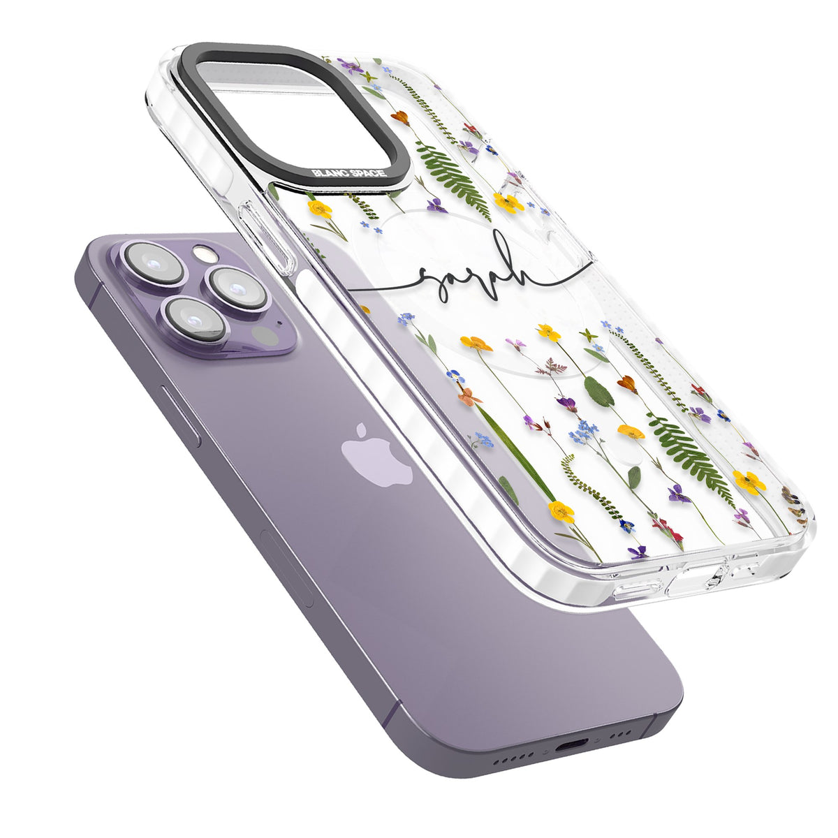 Personalised Wildflower Chain iPhone 13 Pro / iPhone 13 Pro Max / iPhone 14 Pro / iPhone 14 Pro Max / iPhone 15 Pro / iPhone 15 Pro Max Impact Pro Clear Phone Case angled
