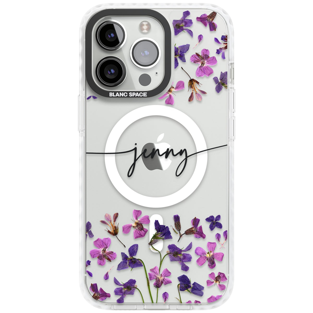 Personalised Purple Wildflowers iPhone 13 Pro / iPhone 13 Pro Max / iPhone 14 Pro / iPhone 14 Pro Max / iPhone 15 Pro / iPhone 15 Pro Max Impact Pro Clear Phone Case front