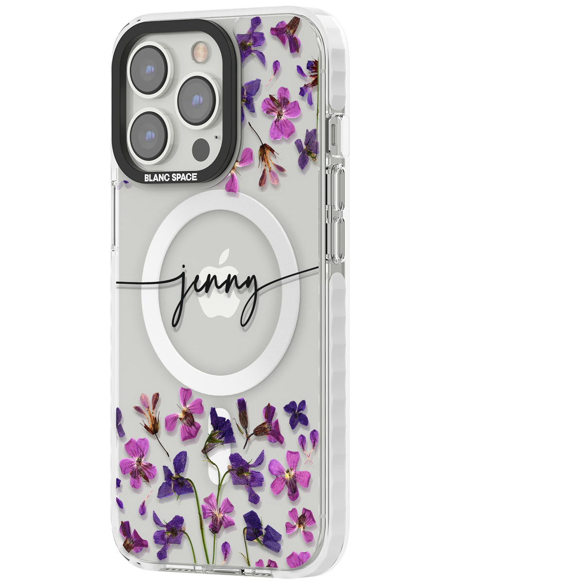Personalised Purple Wildflowers iPhone 13 Pro / iPhone 13 Pro Max / iPhone 14 Pro / iPhone 14 Pro Max / iPhone 15 Pro / iPhone 15 Pro Max Impact Pro Clear Phone Case side
