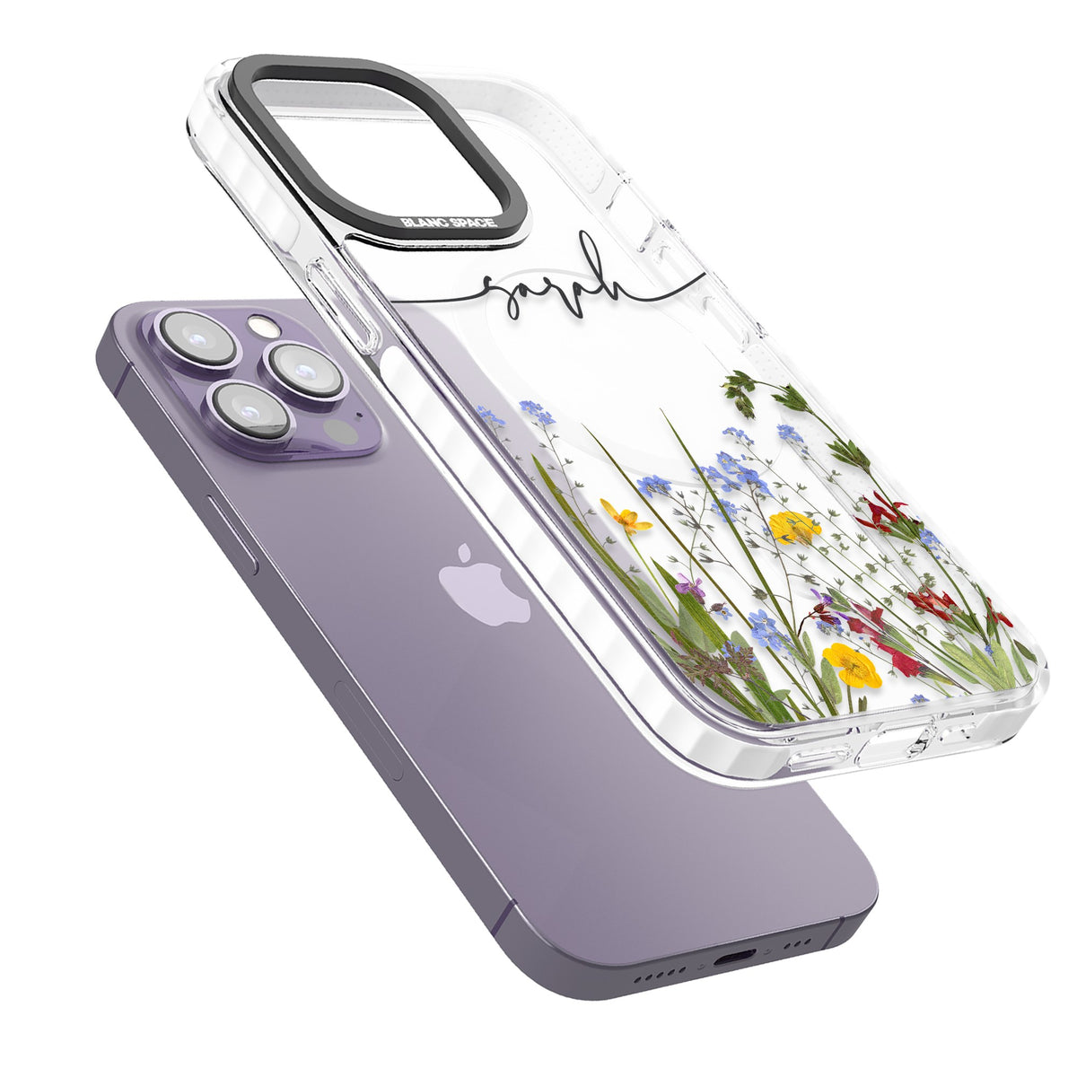 Personalised Wildflower Script iPhone 13 Pro / iPhone 13 Pro Max / iPhone 14 Pro / iPhone 14 Pro Max / iPhone 15 Pro / iPhone 15 Pro Max Impact Pro Clear Phone Case angled