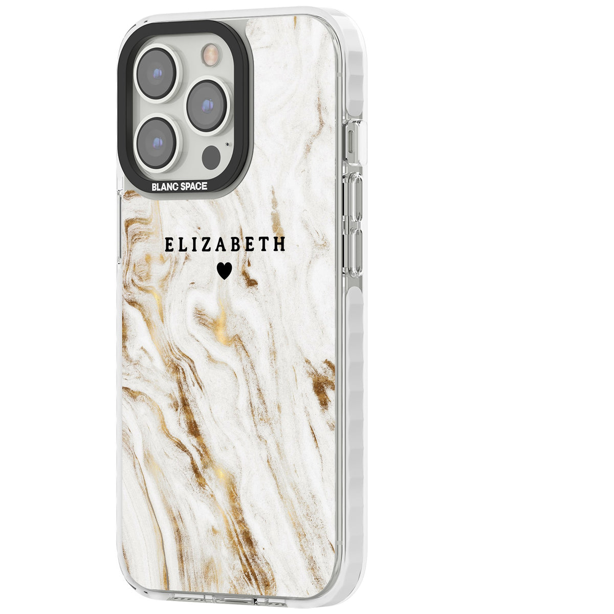 Personalised White Gilded Marble iPhone 13 Pro / iPhone 13 Pro Max / iPhone 14 Pro / iPhone 14 Pro Max / iPhone 15 Pro / iPhone 15 Pro Max Impact Pro Clear Phone Case side