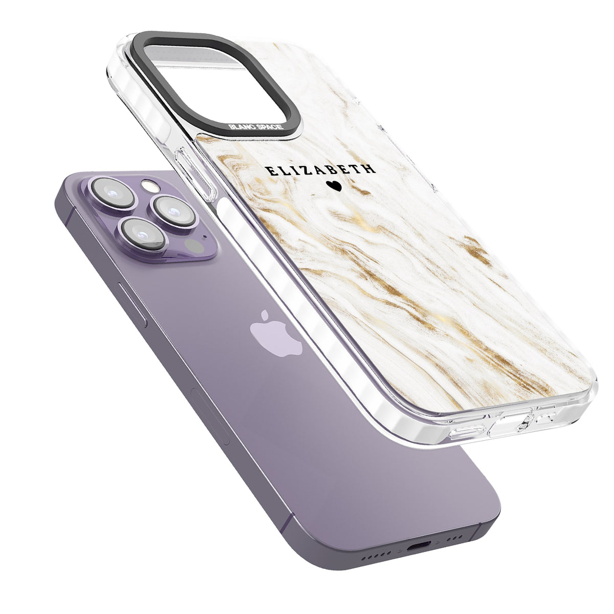 Personalised White Gilded Marble iPhone 13 Pro / iPhone 13 Pro Max / iPhone 14 Pro / iPhone 14 Pro Max / iPhone 15 Pro / iPhone 15 Pro Max Impact Pro Clear Phone Case angled