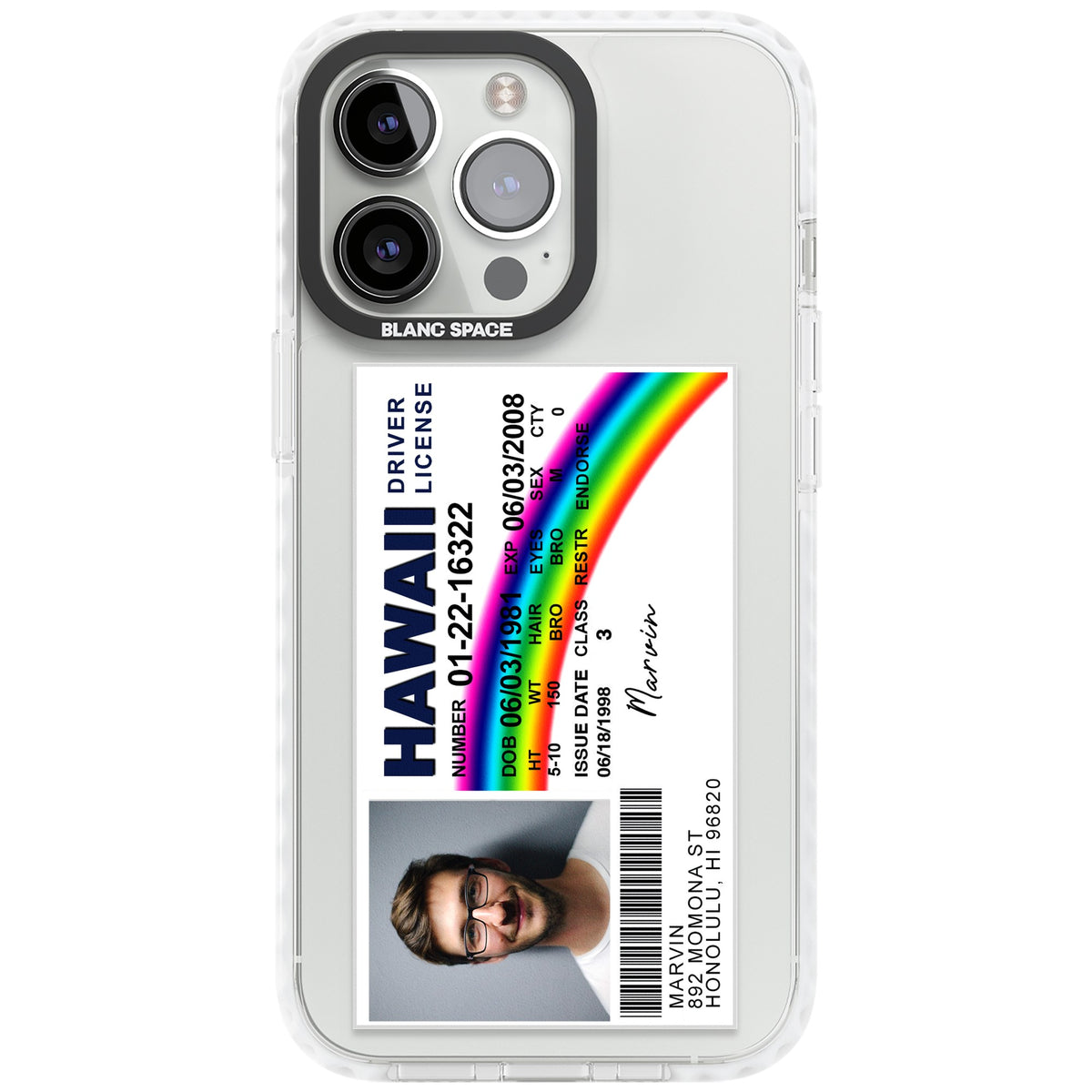 Personalised Hawaii Driving License iPhone 13 Pro / iPhone 13 Pro Max / iPhone 14 Pro / iPhone 14 Pro Max / iPhone 15 Pro / iPhone 15 Pro Max Impact Pro Clear Phone Case front