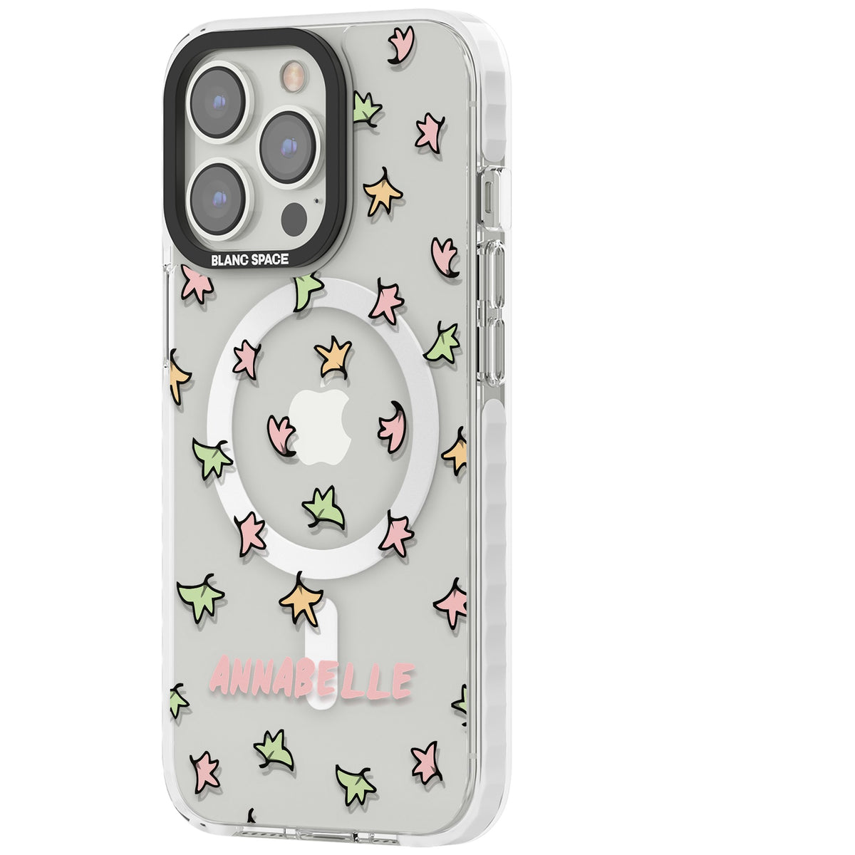 Personalised Heartstopper Leaves Pattern iPhone 13 Pro / iPhone 13 Pro Max / iPhone 14 Pro / iPhone 14 Pro Max / iPhone 15 Pro / iPhone 15 Pro Max Impact Pro Clear Phone Case side