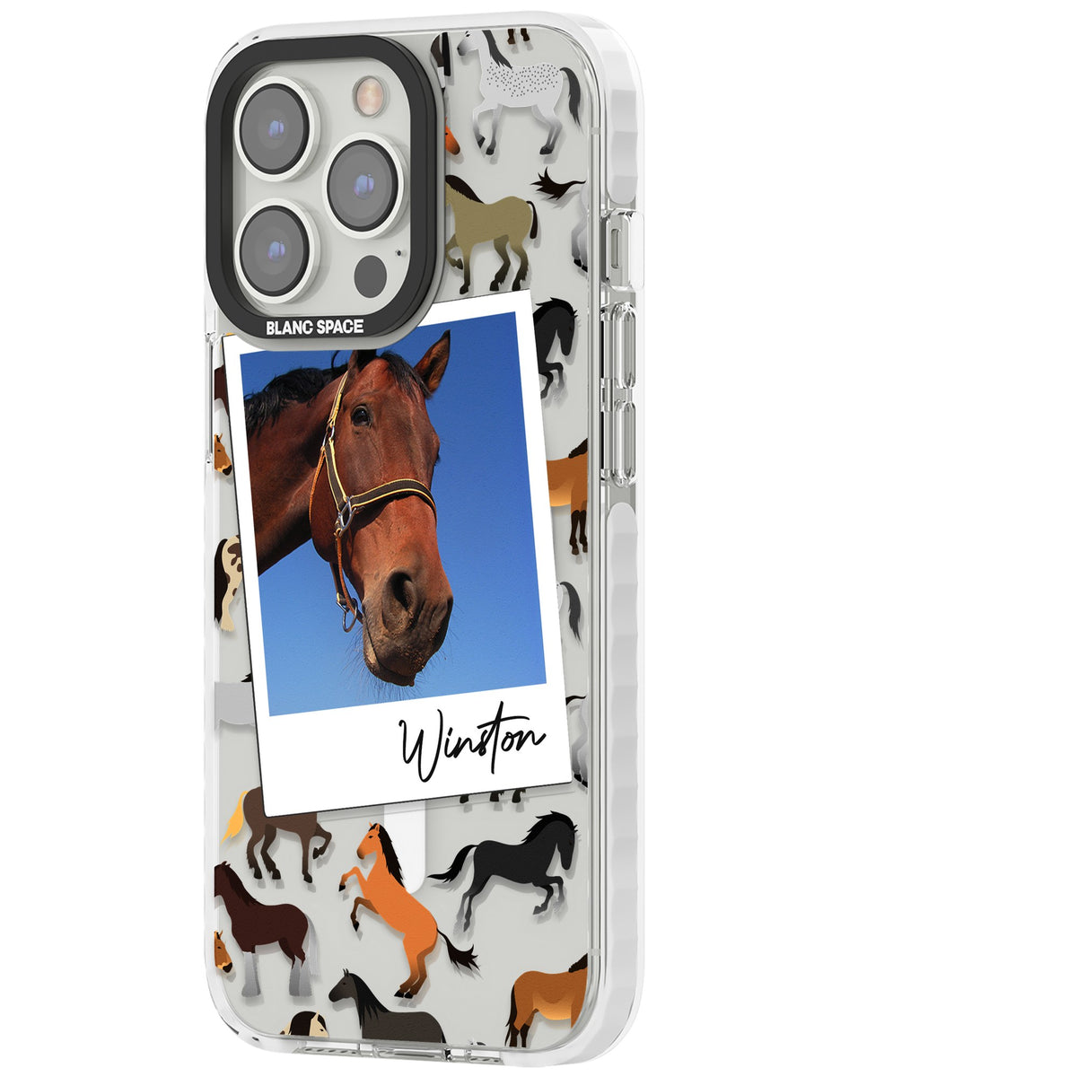 Personalised Horse Polaroid iPhone 13 Pro / iPhone 13 Pro Max / iPhone 14 Pro / iPhone 14 Pro Max / iPhone 15 Pro / iPhone 15 Pro Max Impact Pro Clear Phone Case side