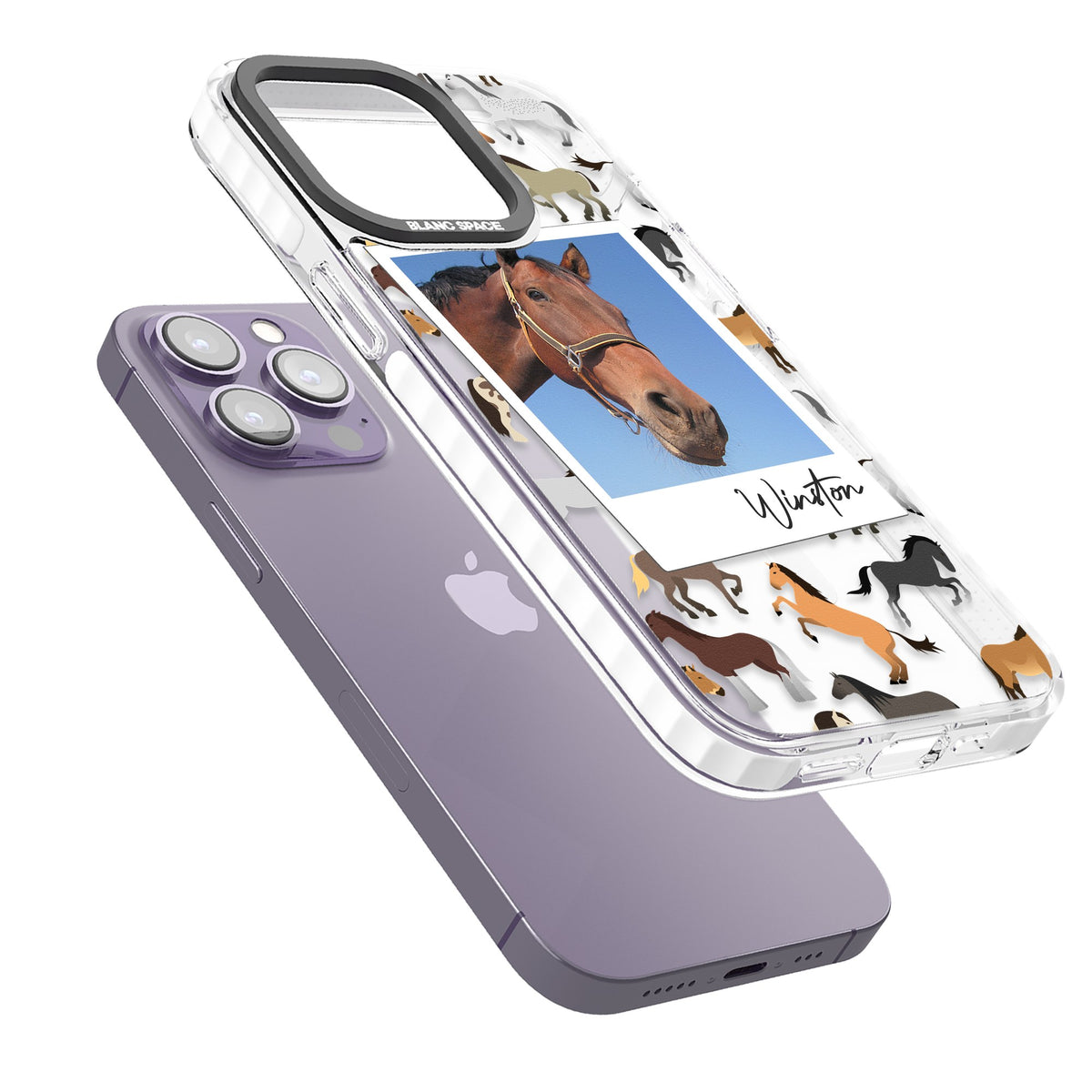 Personalised Horse Polaroid iPhone 13 Pro / iPhone 13 Pro Max / iPhone 14 Pro / iPhone 14 Pro Max / iPhone 15 Pro / iPhone 15 Pro Max Impact Pro Clear Phone Case angled
