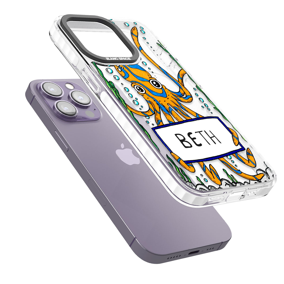 Personalised Octo iPhone 13 Pro / iPhone 13 Pro Max / iPhone 14 Pro / iPhone 14 Pro Max / iPhone 15 Pro / iPhone 15 Pro Max Impact Pro Clear Phone Case angled