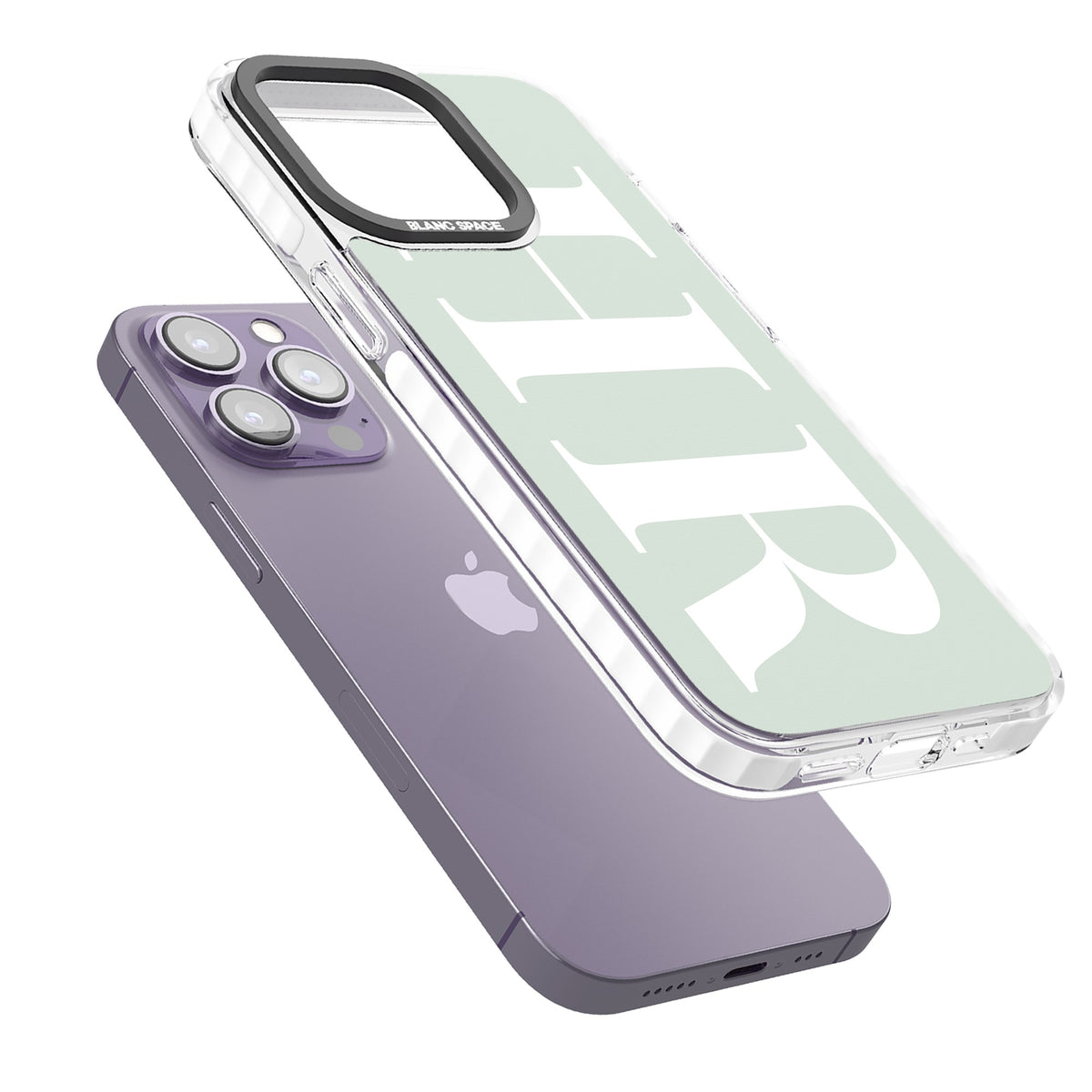Personalised White & Seafoam Letters iPhone 13 Pro / iPhone 13 Pro Max / iPhone 14 Pro / iPhone 14 Pro Max / iPhone 15 Pro / iPhone 15 Pro Max Impact Pro Clear Phone Case angled