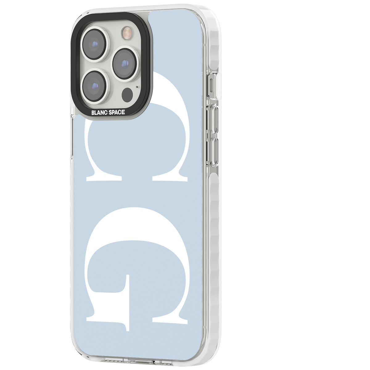Personalised White & Blue Letters iPhone 13 Pro / iPhone 13 Pro Max / iPhone 14 Pro / iPhone 14 Pro Max / iPhone 15 Pro / iPhone 15 Pro Max Impact Pro Clear Phone Case side