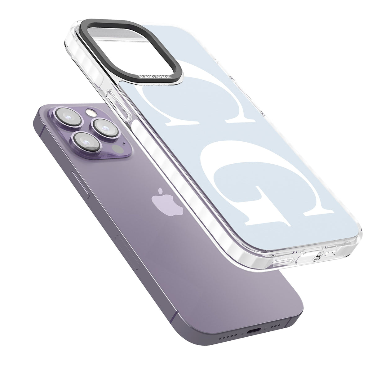 Personalised White & Blue Letters iPhone 13 Pro / iPhone 13 Pro Max / iPhone 14 Pro / iPhone 14 Pro Max / iPhone 15 Pro / iPhone 15 Pro Max Impact Pro Clear Phone Case angled