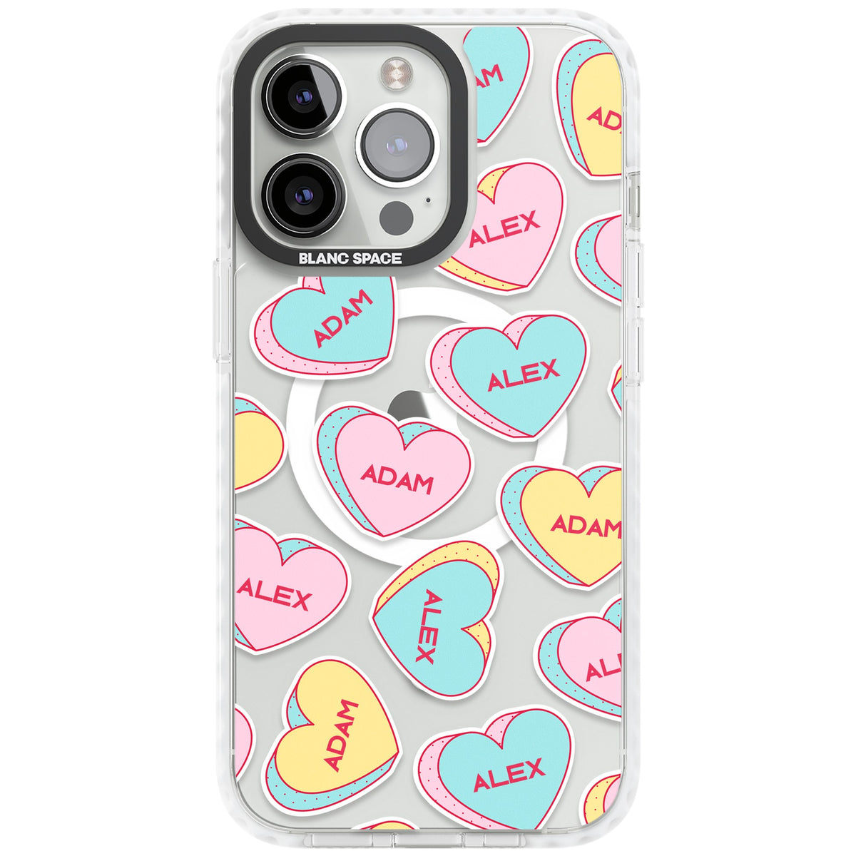Personalised Love Heart Sweets iPhone 13 Pro / iPhone 13 Pro Max / iPhone 14 Pro / iPhone 14 Pro Max / iPhone 15 Pro / iPhone 15 Pro Max Impact Pro Clear Phone Case front
