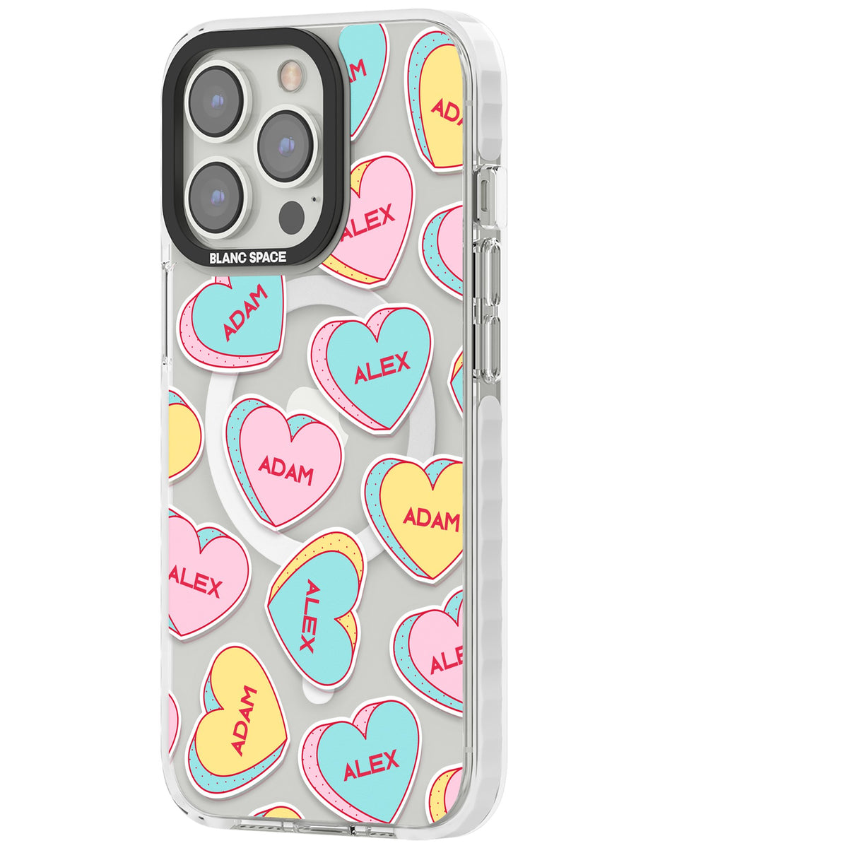 Personalised Love Heart Sweets iPhone 13 Pro / iPhone 13 Pro Max / iPhone 14 Pro / iPhone 14 Pro Max / iPhone 15 Pro / iPhone 15 Pro Max Impact Pro Clear Phone Case side