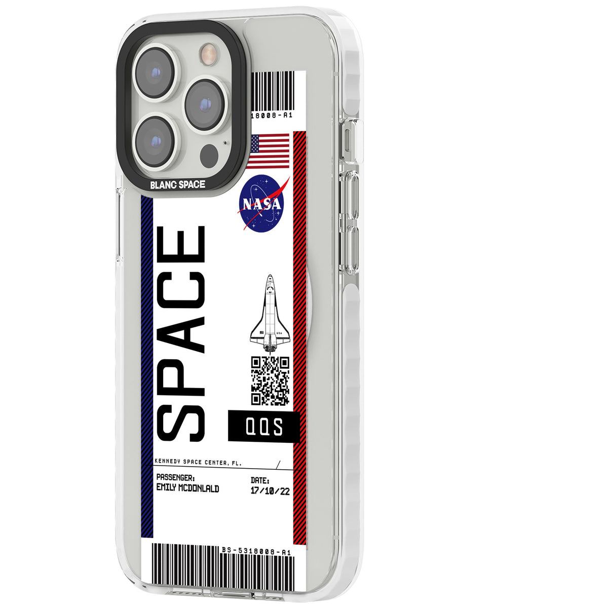 Personalised Nasa Boarding Pass (Light) iPhone 13 Pro / iPhone 13 Pro Max / iPhone 14 Pro / iPhone 14 Pro Max / iPhone 15 Pro / iPhone 15 Pro Max Impact Pro Clear Phone Case side