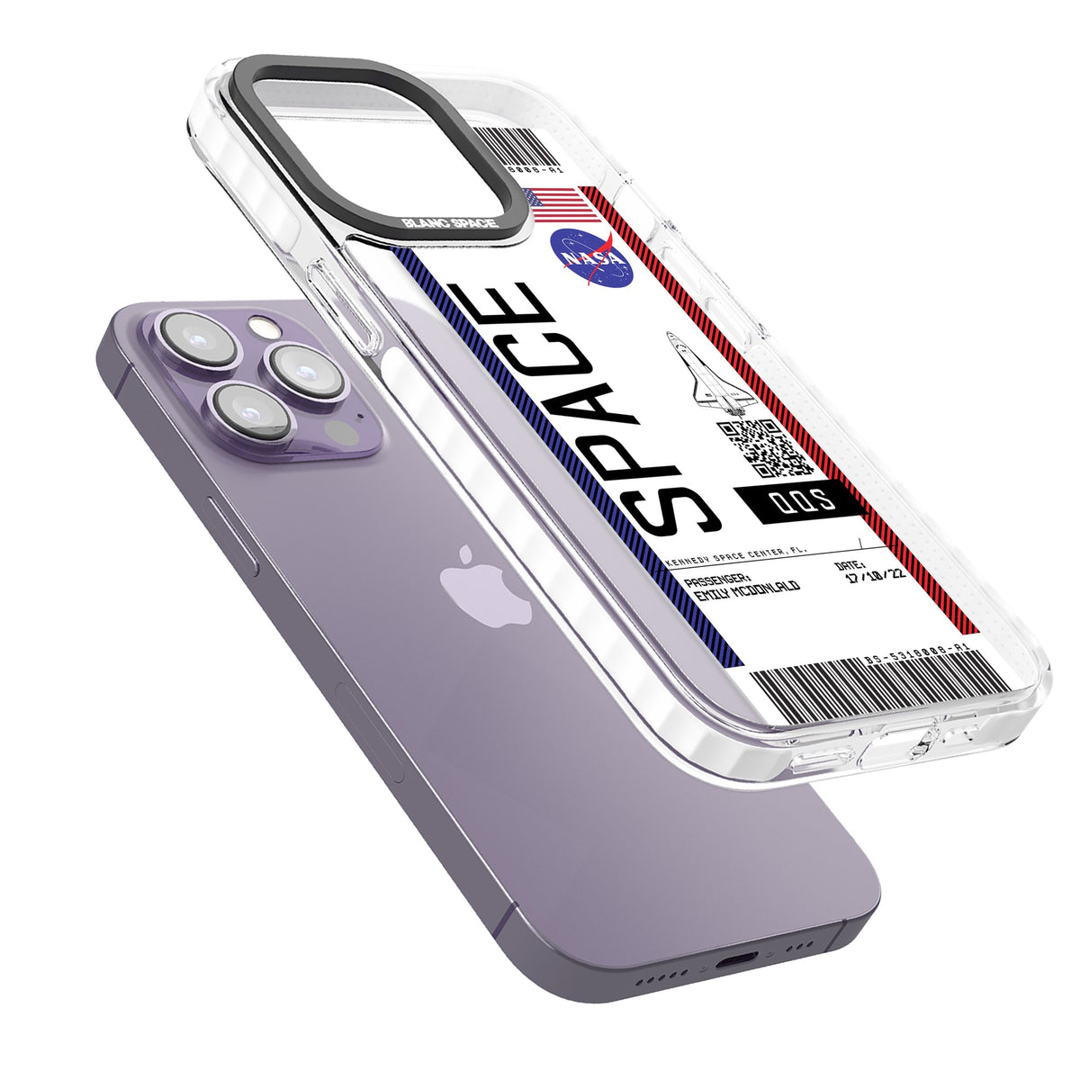 Personalised Nasa Boarding Pass (Light) iPhone 13 Pro / iPhone 13 Pro Max / iPhone 14 Pro / iPhone 14 Pro Max / iPhone 15 Pro / iPhone 15 Pro Max Impact Pro Clear Phone Case angled