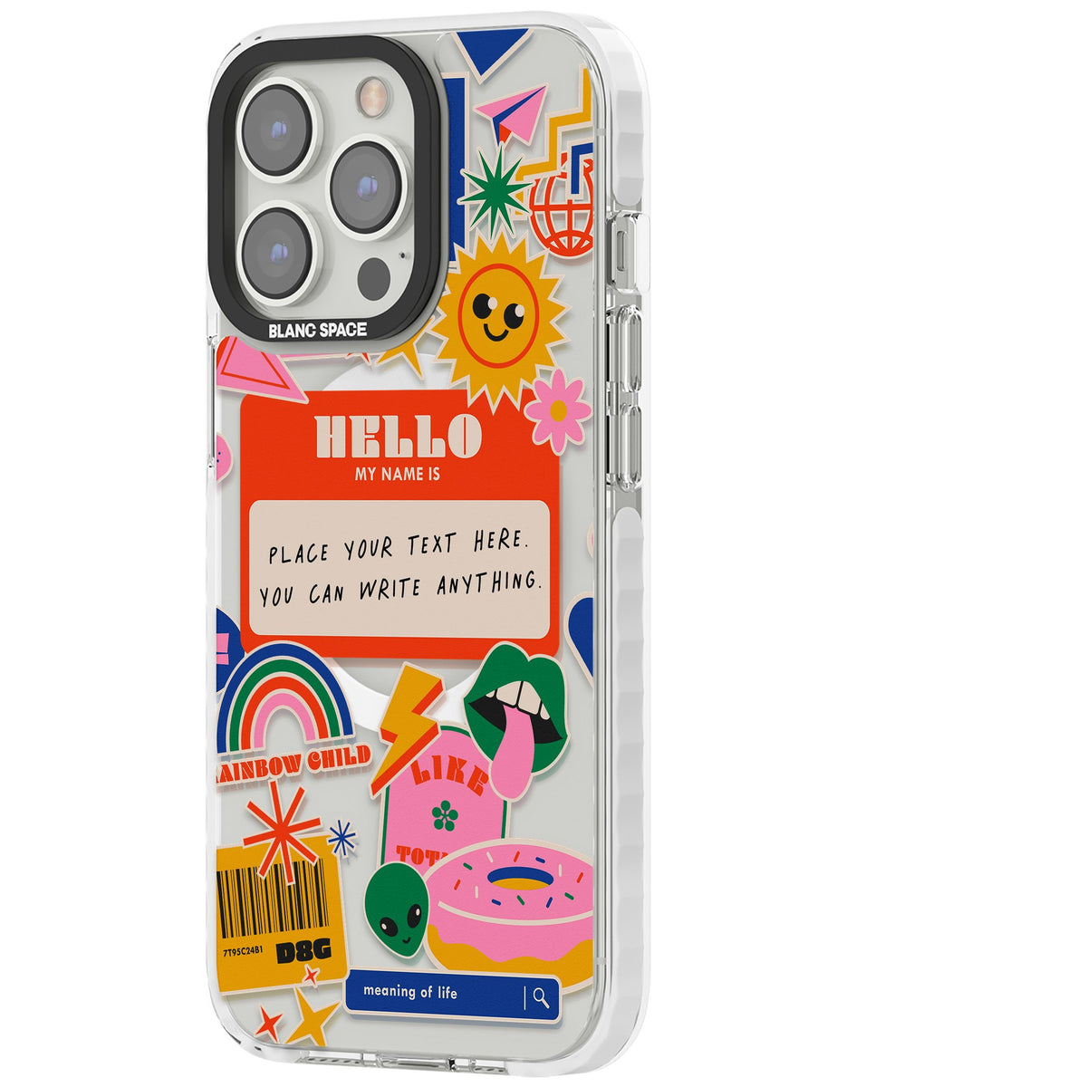 Personalised Retro Nametag Sticker iPhone 13 Pro / iPhone 13 Pro Max / iPhone 14 Pro / iPhone 14 Pro Max / iPhone 15 Pro / iPhone 15 Pro Max Impact Pro Clear Phone Case side