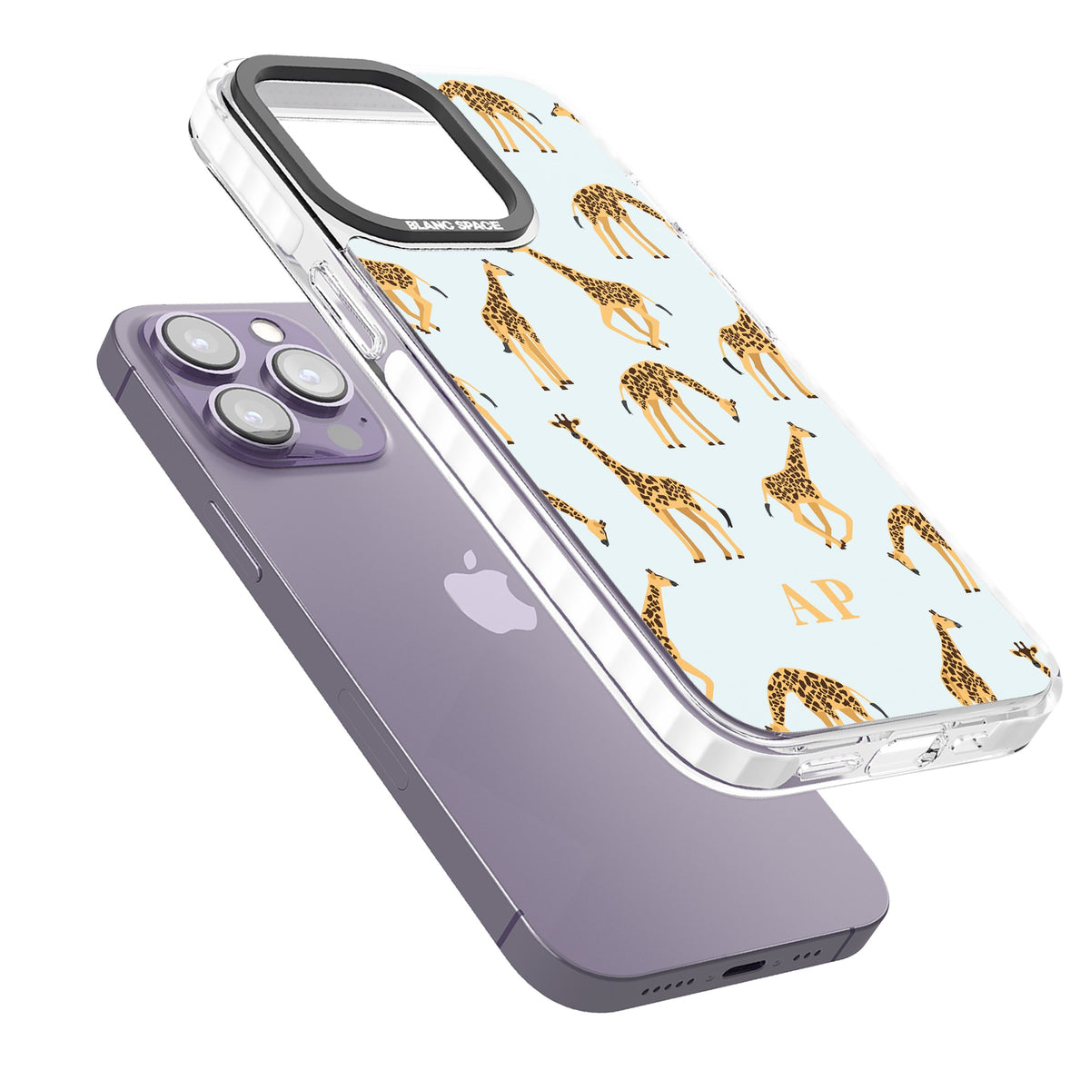 Personalised Safari Giraffe iPhone 13 Pro / iPhone 13 Pro Max / iPhone 14 Pro / iPhone 14 Pro Max / iPhone 15 Pro / iPhone 15 Pro Max Impact Pro Clear Phone Case angled