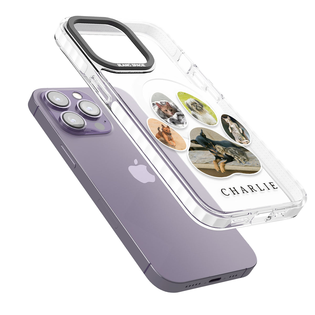 Personalised Paw Print Photos iPhone 13 Pro / iPhone 13 Pro Max / iPhone 14 Pro / iPhone 14 Pro Max / iPhone 15 Pro / iPhone 15 Pro Max Impact Pro Clear Phone Case angled