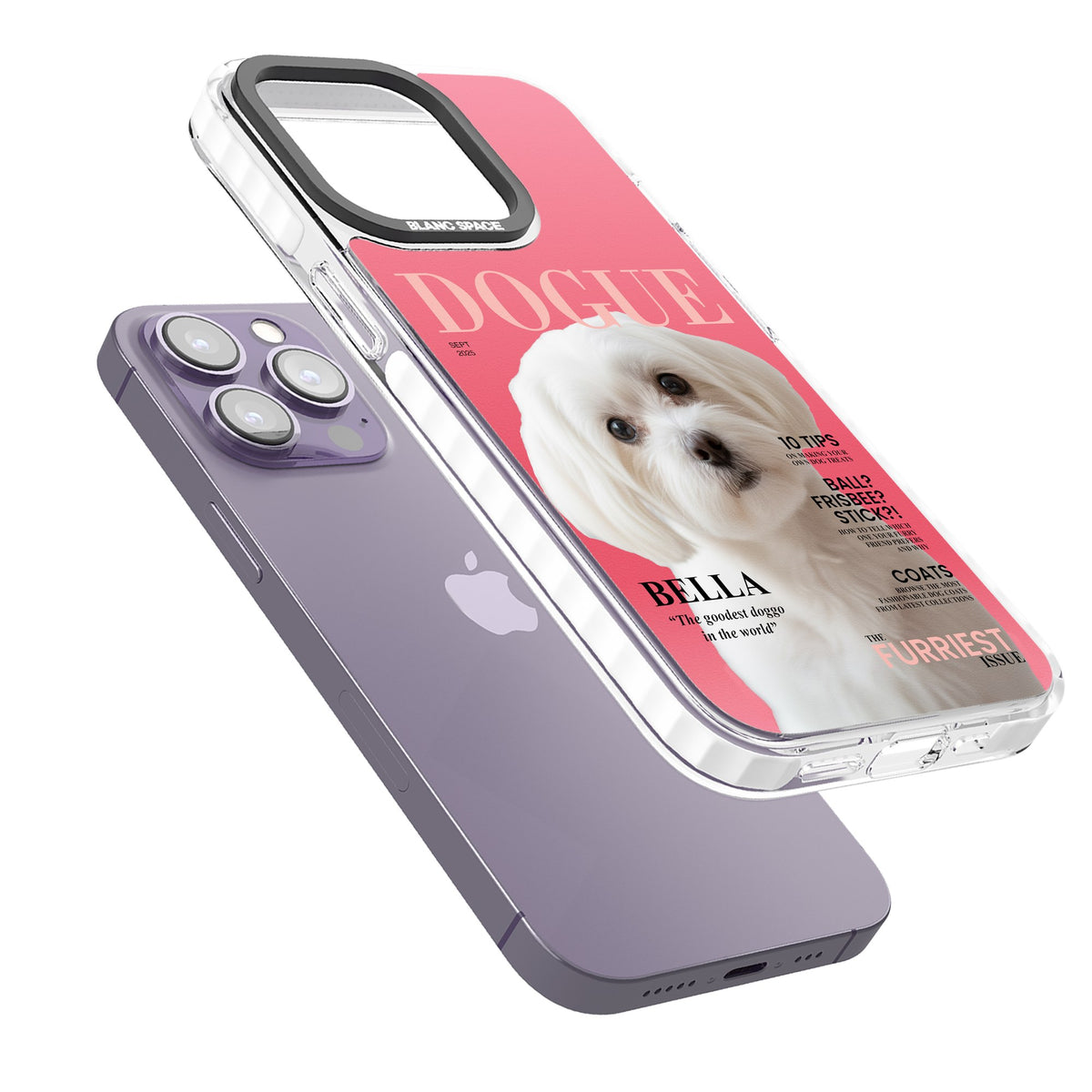 Personalised Dogue Magazine iPhone 13 Pro / iPhone 13 Pro Max / iPhone 14 Pro / iPhone 14 Pro Max / iPhone 15 Pro / iPhone 15 Pro Max Impact Pro Clear Phone Case angled
