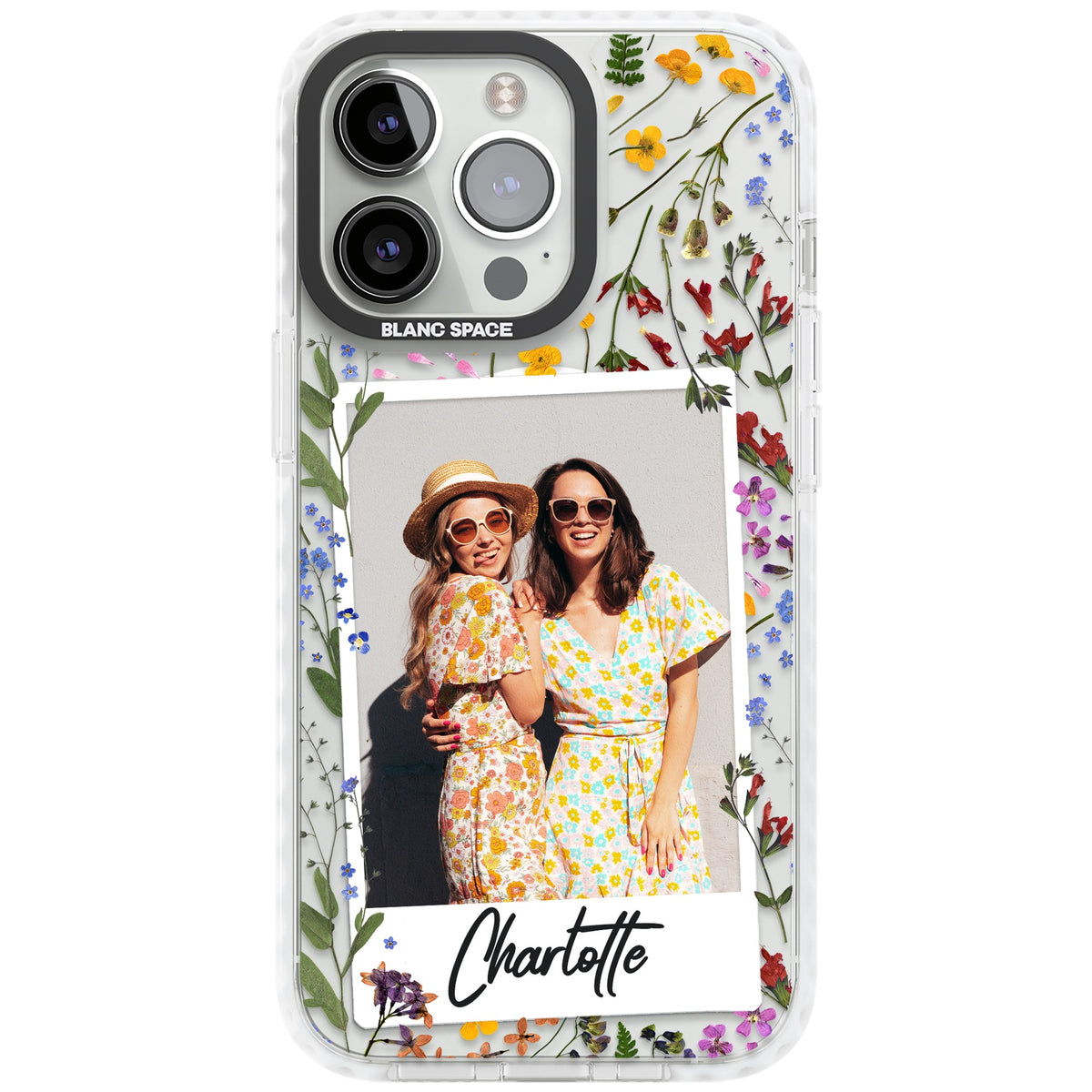 Personalised Wildflower Polaroid iPhone 13 Pro / iPhone 13 Pro Max / iPhone 14 Pro / iPhone 14 Pro Max / iPhone 15 Pro / iPhone 15 Pro Max Impact Pro Clear Phone Case front