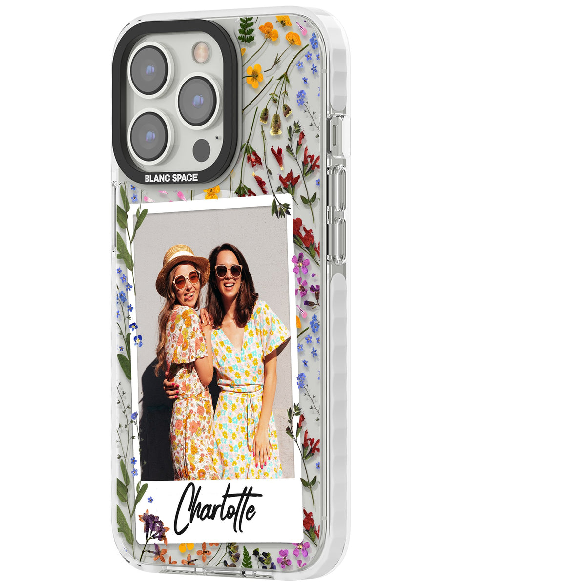 Personalised Wildflower Polaroid iPhone 13 Pro / iPhone 13 Pro Max / iPhone 14 Pro / iPhone 14 Pro Max / iPhone 15 Pro / iPhone 15 Pro Max Impact Pro Clear Phone Case side