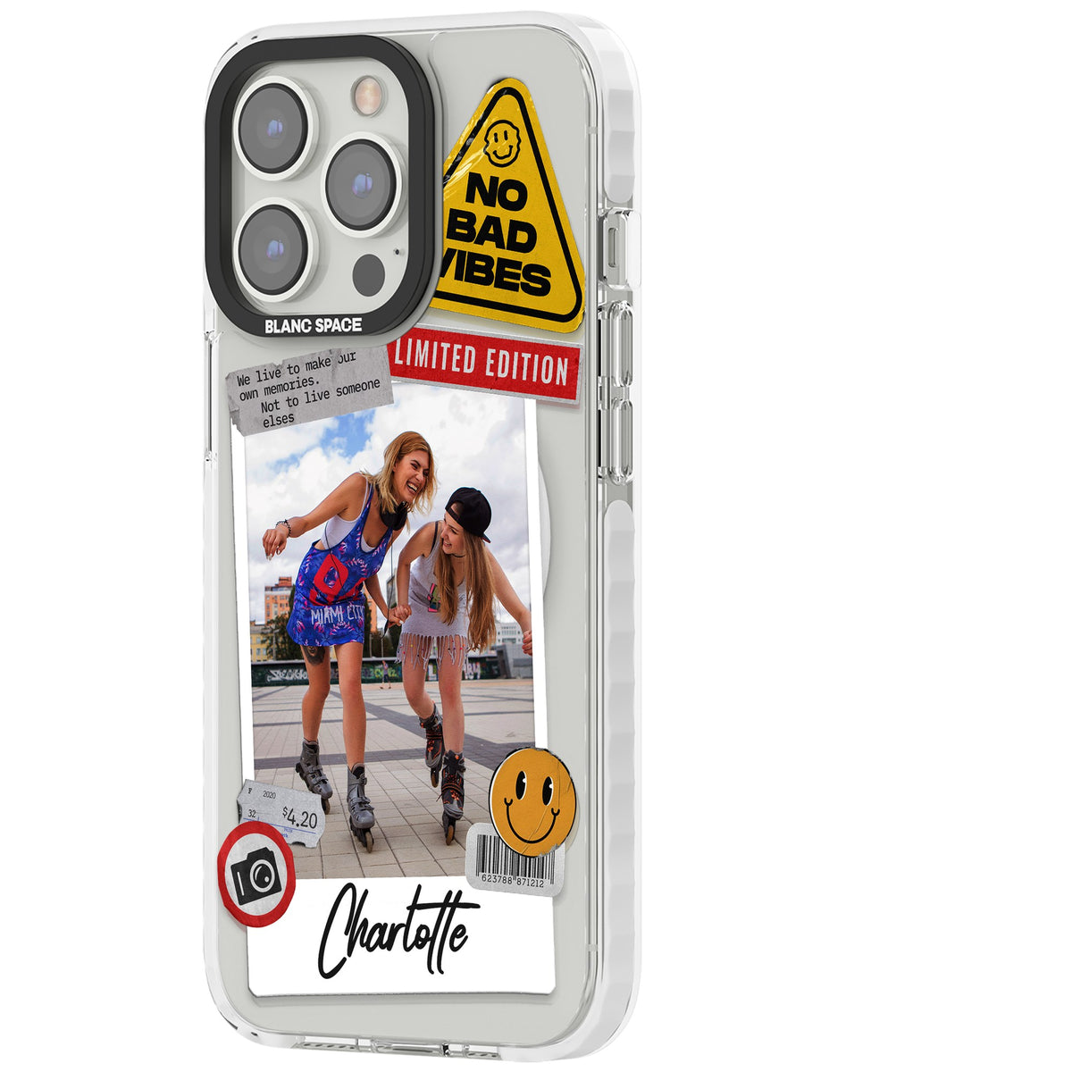 Personalised Sticker Mix Instant Photo iPhone 13 Pro / iPhone 13 Pro Max / iPhone 14 Pro / iPhone 14 Pro Max / iPhone 15 Pro / iPhone 15 Pro Max Impact Pro Clear Phone Case side