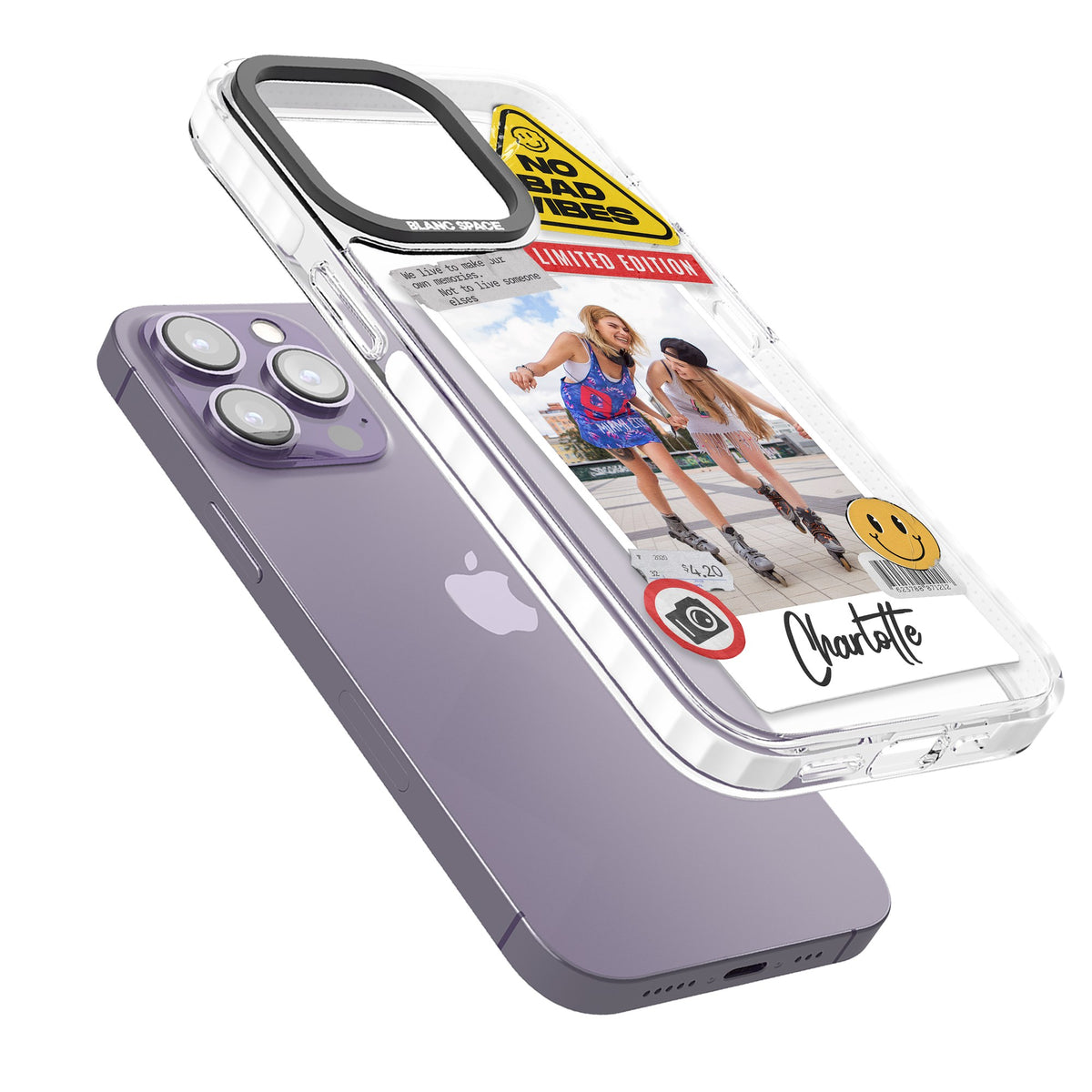 Personalised Sticker Mix Instant Photo iPhone 13 Pro / iPhone 13 Pro Max / iPhone 14 Pro / iPhone 14 Pro Max / iPhone 15 Pro / iPhone 15 Pro Max Impact Pro Clear Phone Case angled