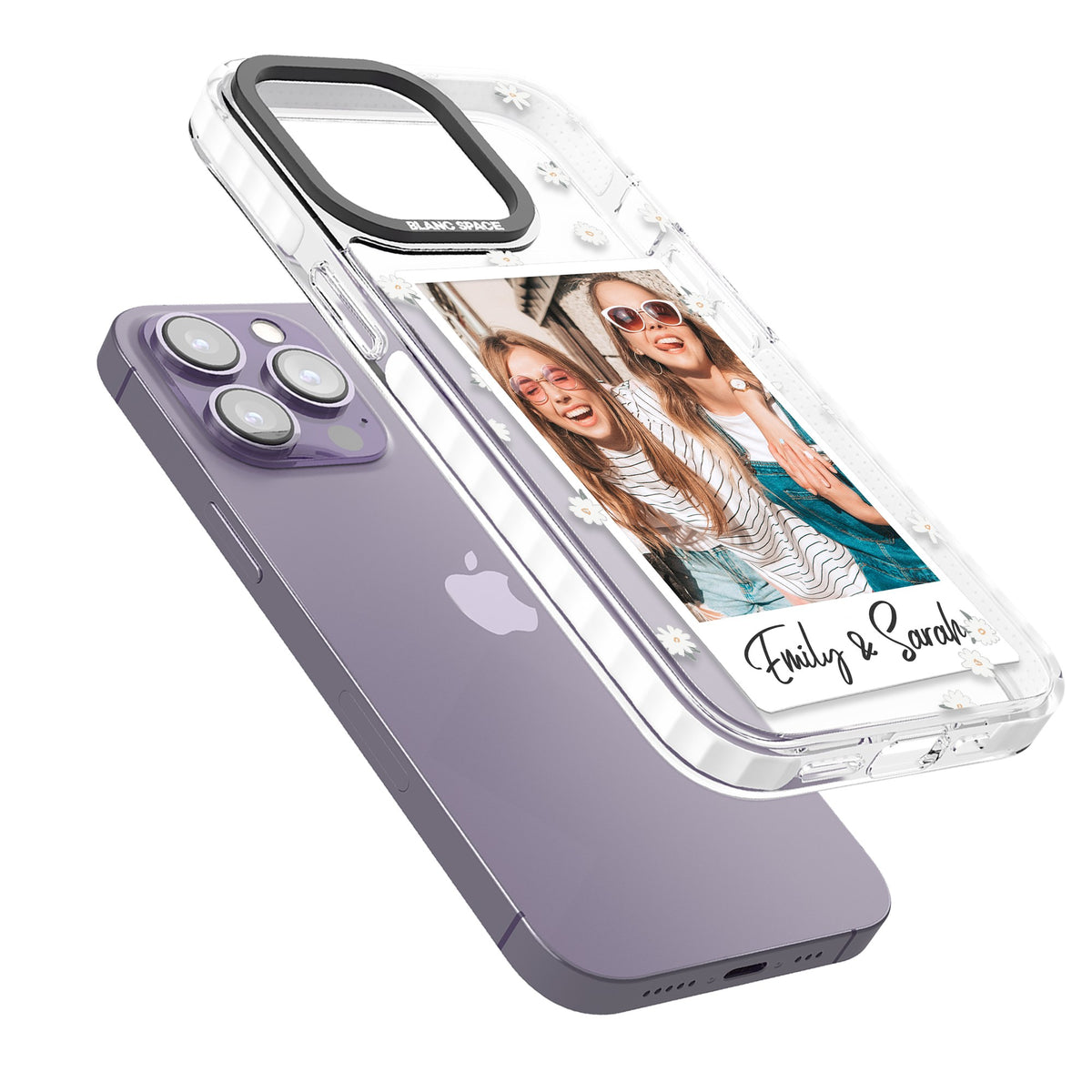 Personalised Daisy Polaroid iPhone 13 Pro / iPhone 13 Pro Max / iPhone 14 Pro / iPhone 14 Pro Max / iPhone 15 Pro / iPhone 15 Pro Max Impact Pro Clear Phone Case angled