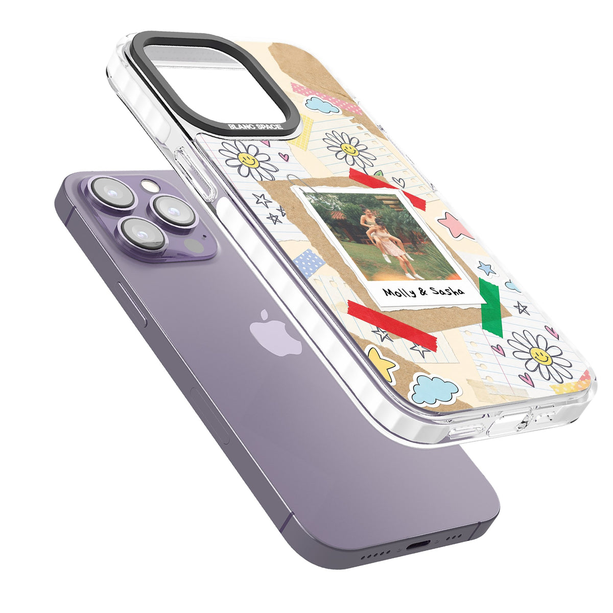 Personalised Scrapbook Photo iPhone 13 Pro / iPhone 13 Pro Max / iPhone 14 Pro / iPhone 14 Pro Max / iPhone 15 Pro / iPhone 15 Pro Max Impact Pro Clear Phone Case angled