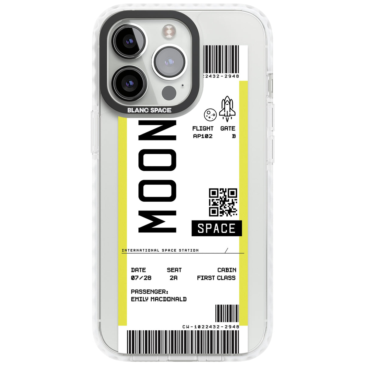 Personalised Moon Travel Ticket iPhone 13 Pro / iPhone 13 Pro Max / iPhone 14 Pro / iPhone 14 Pro Max / iPhone 15 Pro / iPhone 15 Pro Max Impact Pro Clear Phone Case front