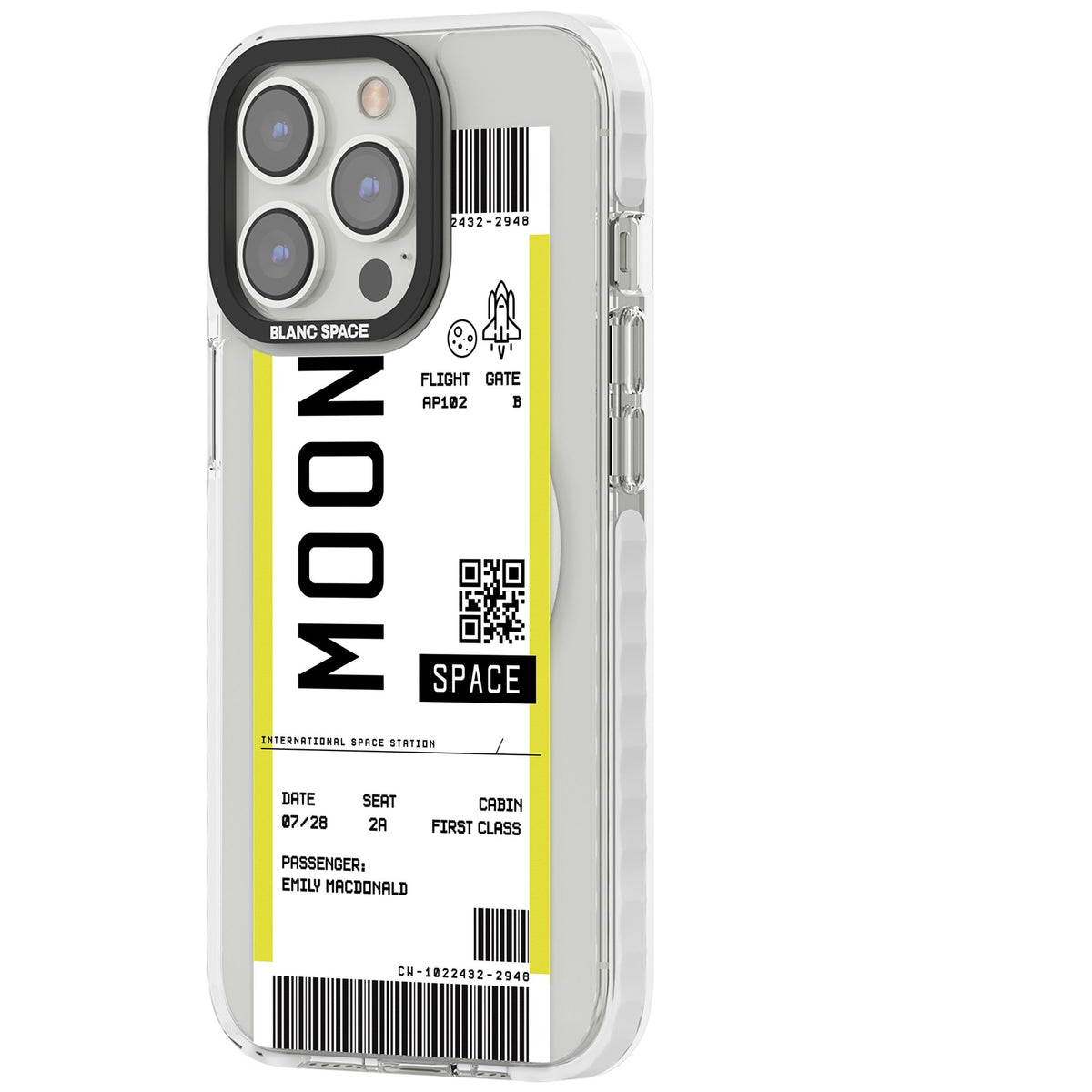 Personalised Moon Travel Ticket iPhone 13 Pro / iPhone 13 Pro Max / iPhone 14 Pro / iPhone 14 Pro Max / iPhone 15 Pro / iPhone 15 Pro Max Impact Pro Clear Phone Case side