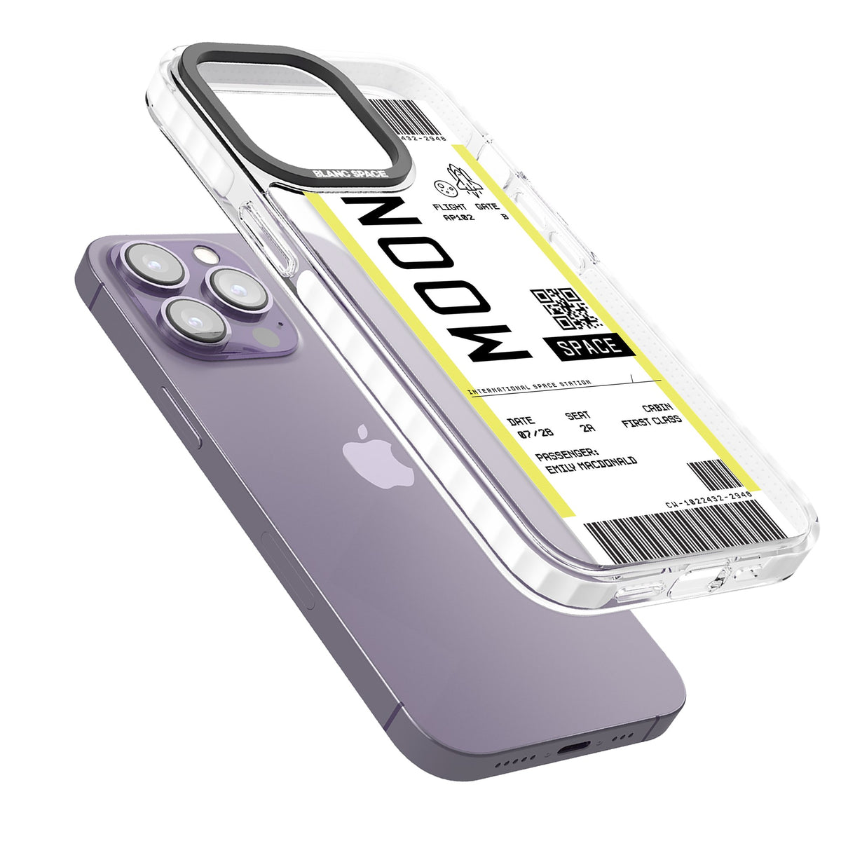 Personalised Moon Travel Ticket iPhone 13 Pro / iPhone 13 Pro Max / iPhone 14 Pro / iPhone 14 Pro Max / iPhone 15 Pro / iPhone 15 Pro Max Impact Pro Clear Phone Case angled