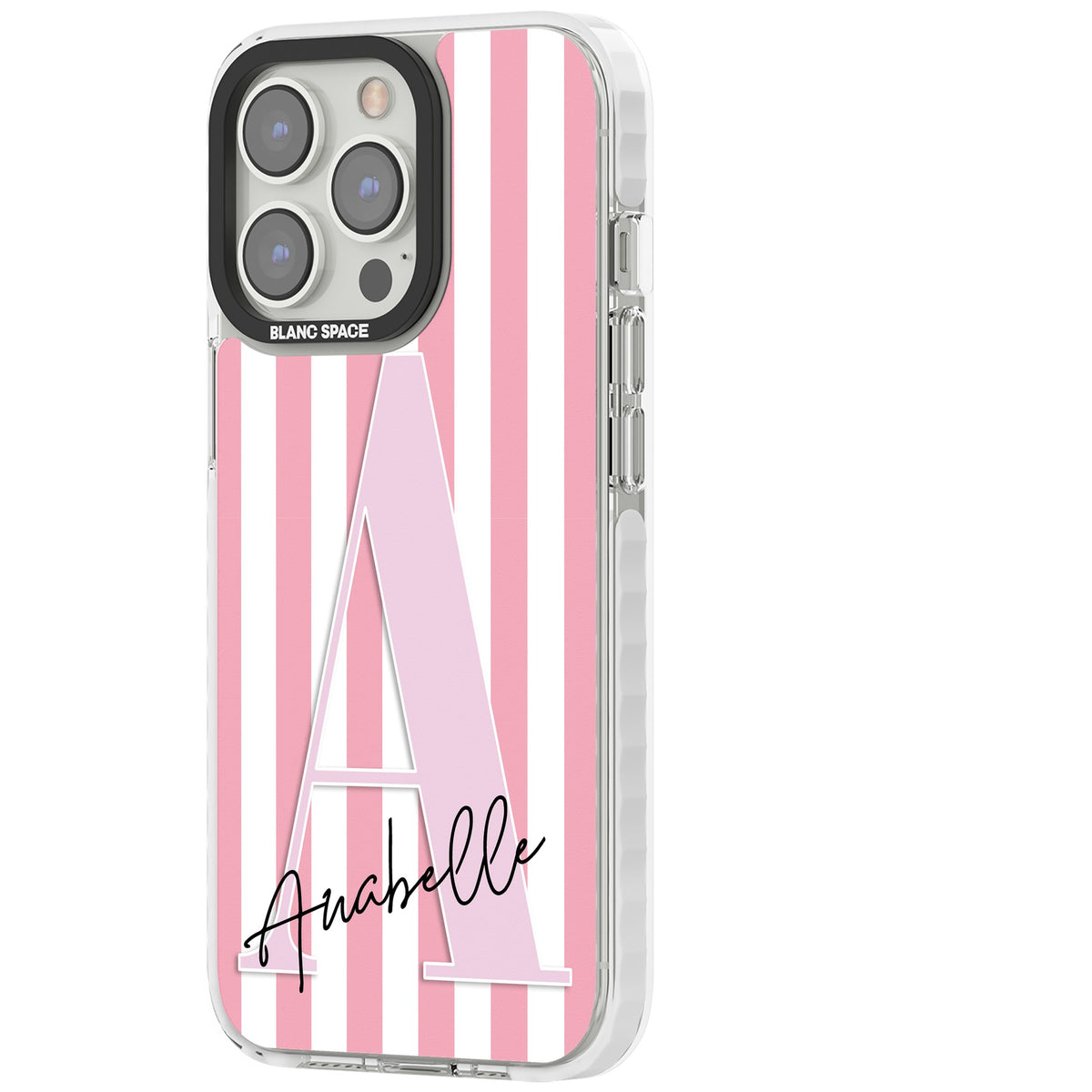 Personalised Soft Pink Stripes iPhone 13 Pro / iPhone 13 Pro Max / iPhone 14 Pro / iPhone 14 Pro Max / iPhone 15 Pro / iPhone 15 Pro Max Impact Pro Clear Phone Case side