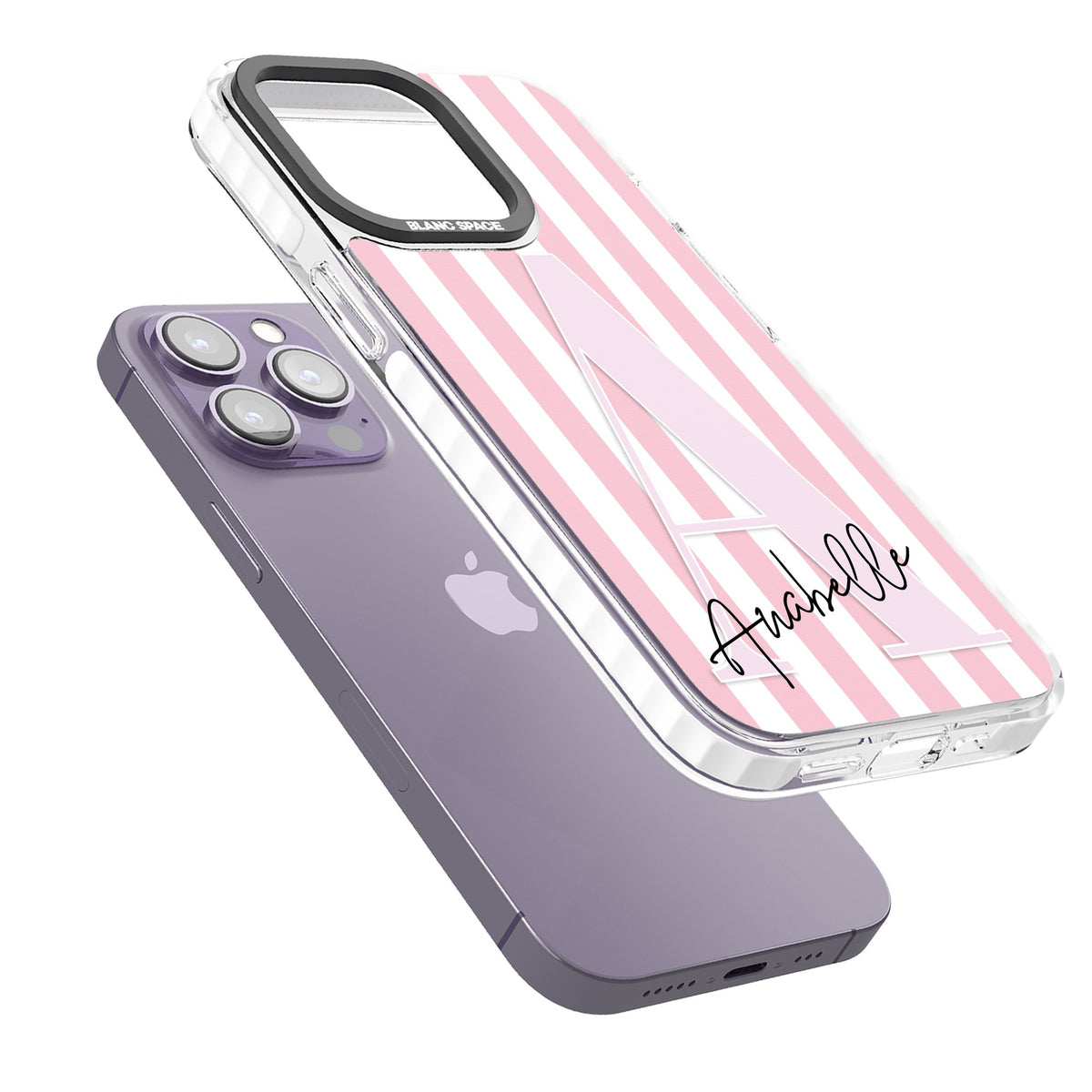 Personalised Soft Pink Stripes iPhone 13 Pro / iPhone 13 Pro Max / iPhone 14 Pro / iPhone 14 Pro Max / iPhone 15 Pro / iPhone 15 Pro Max Impact Pro Clear Phone Case angled