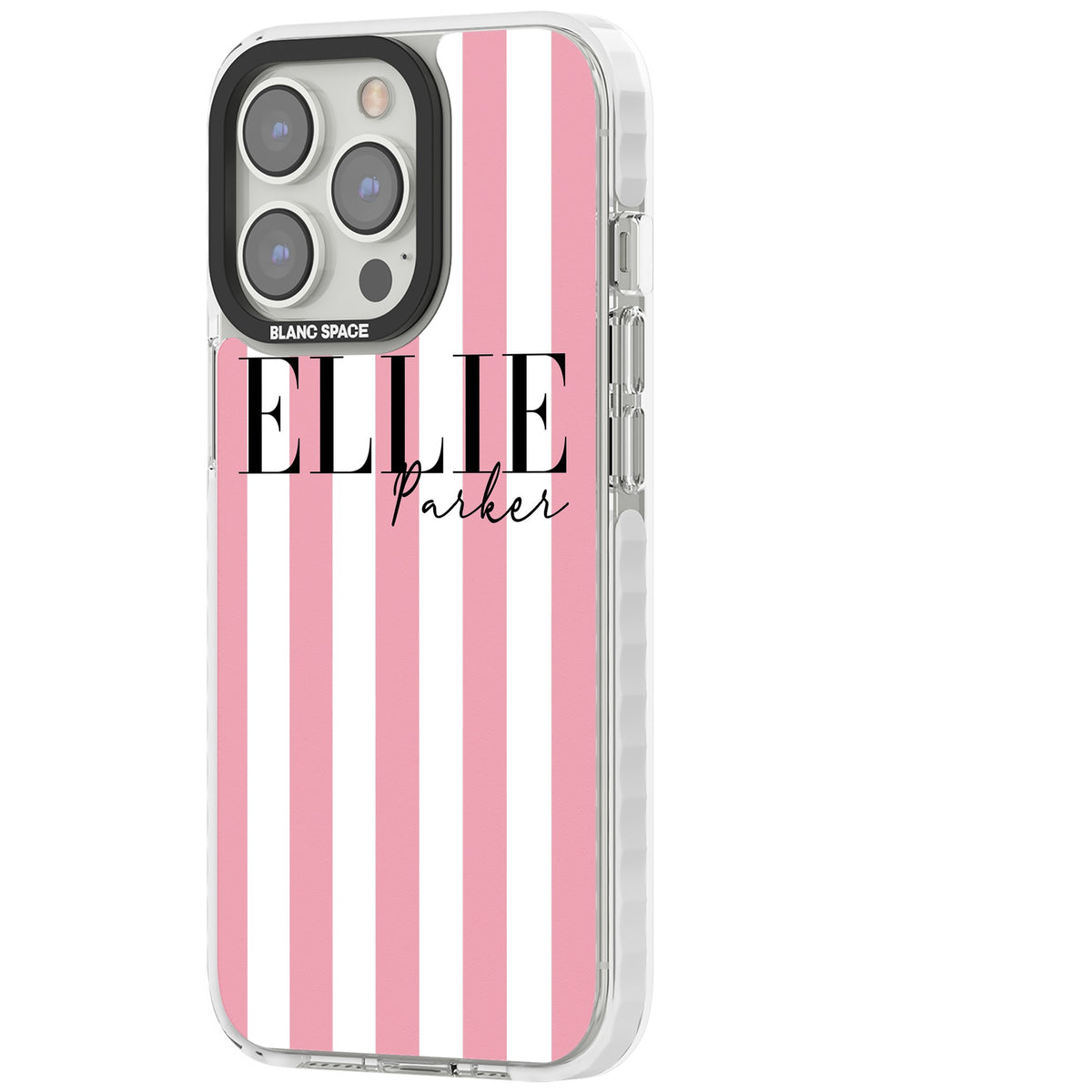 Personalised Pink Stripes iPhone 13 Pro / iPhone 13 Pro Max / iPhone 14 Pro / iPhone 14 Pro Max / iPhone 15 Pro / iPhone 15 Pro Max Impact Pro Clear Phone Case side
