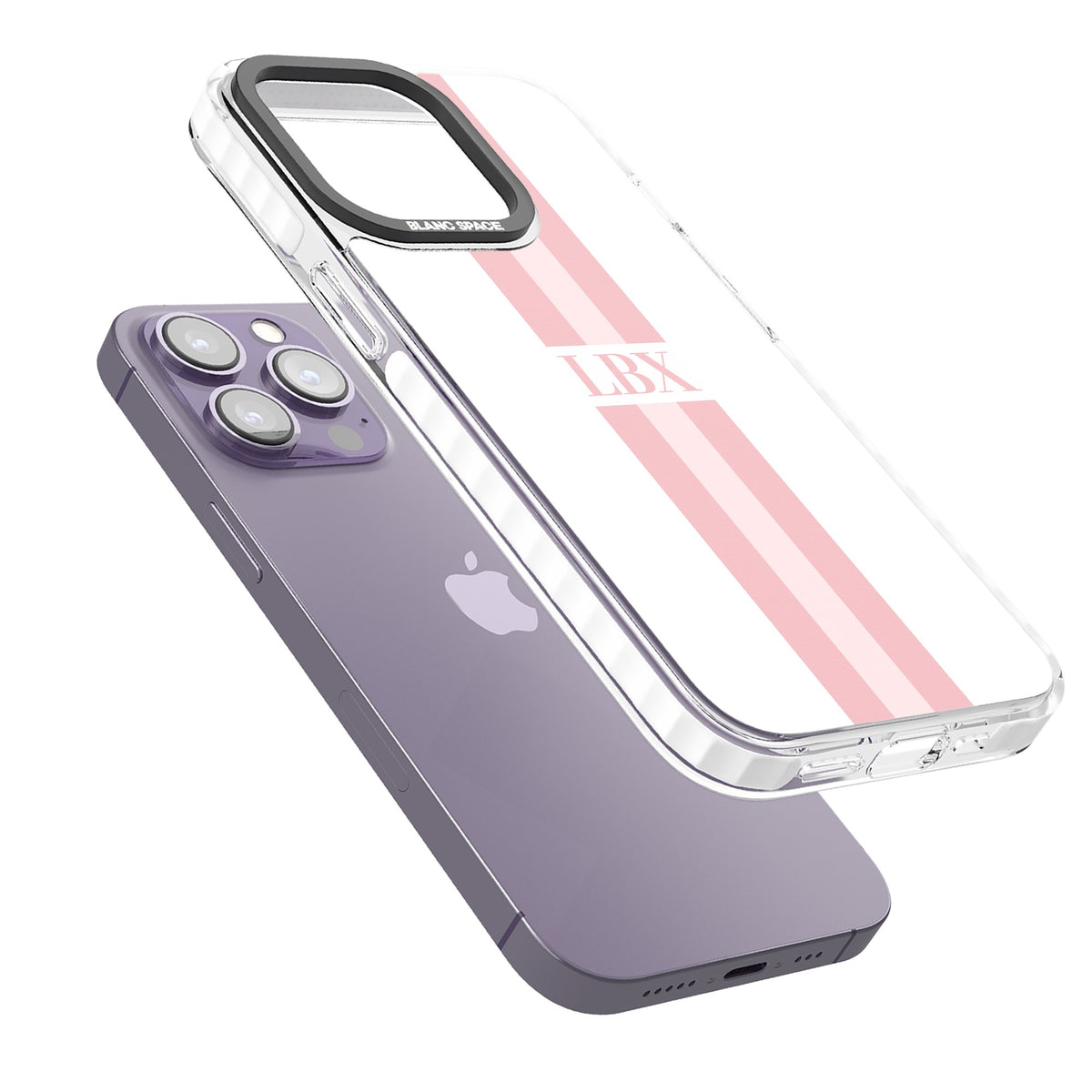 Personalised Minimal Pink Stripe iPhone 13 Pro / iPhone 13 Pro Max / iPhone 14 Pro / iPhone 14 Pro Max / iPhone 15 Pro / iPhone 15 Pro Max Impact Pro Clear Phone Case angled