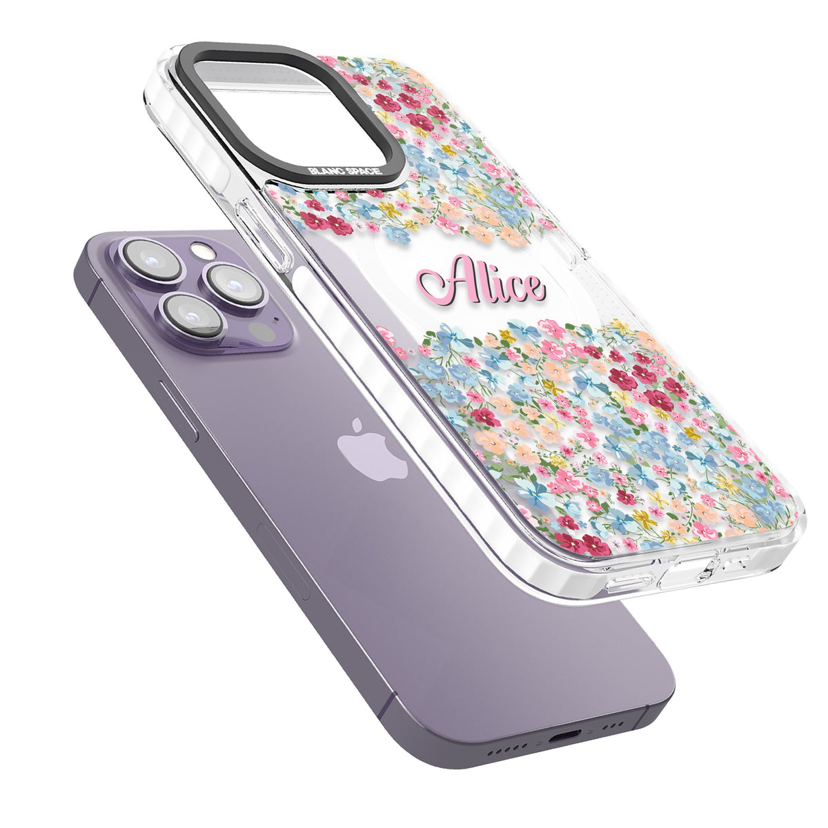 Personalised Venetian Meadow iPhone 13 Pro / iPhone 13 Pro Max / iPhone 14 Pro / iPhone 14 Pro Max / iPhone 15 Pro / iPhone 15 Pro Max Impact Pro Clear Phone Case angled
