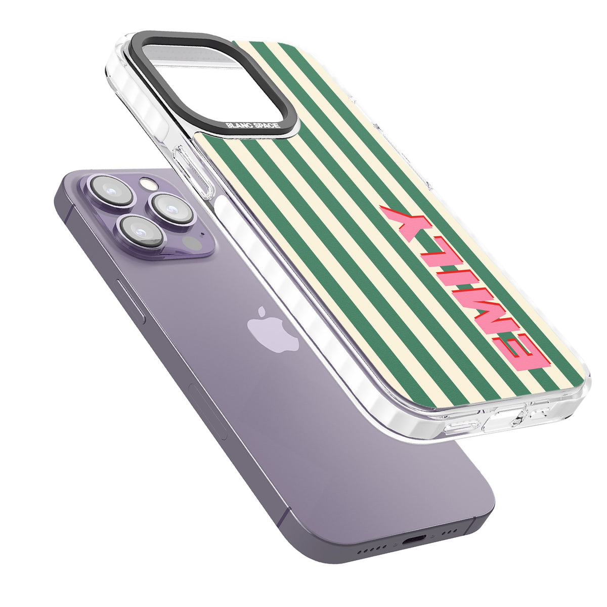 Personalised Wimbledon Stripe iPhone 13 Pro / iPhone 13 Pro Max / iPhone 14 Pro / iPhone 14 Pro Max / iPhone 15 Pro / iPhone 15 Pro Max Impact Pro Clear Phone Case angled