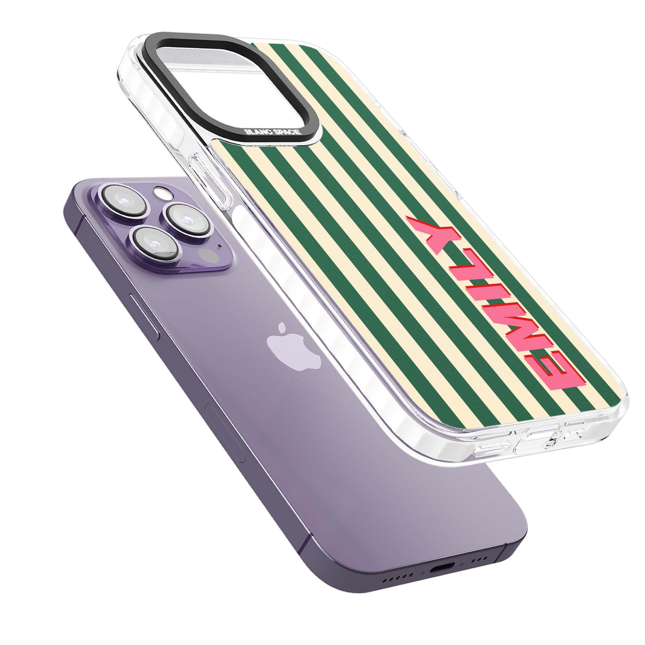 Wimbledon Stripe preppy iPhone case featuring green and cream vertical stripes with a personalised pink name | Impact Magsafe case for iPhone 13 Pro, iPhone 14 Pro, iPhone 15 Pro