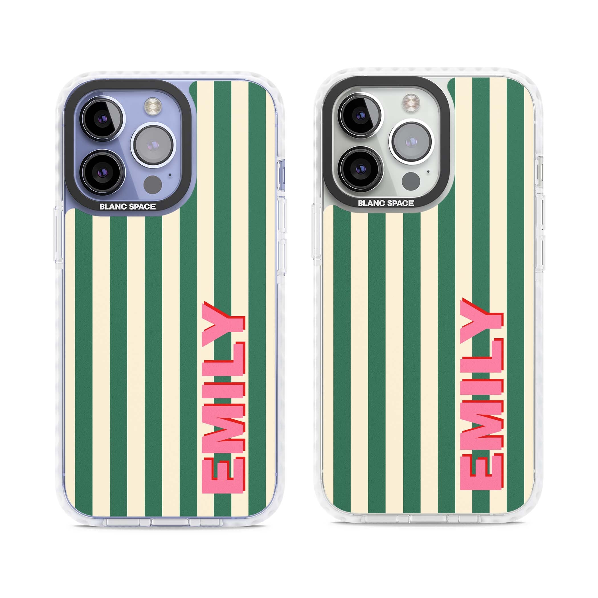 Wimbledon Stripe preppy iPhone case featuring green and cream vertical stripes with a personalised pink name | Impact Magsafe case for iPhone 13 Pro, iPhone 14 Pro, iPhone 15 Pro