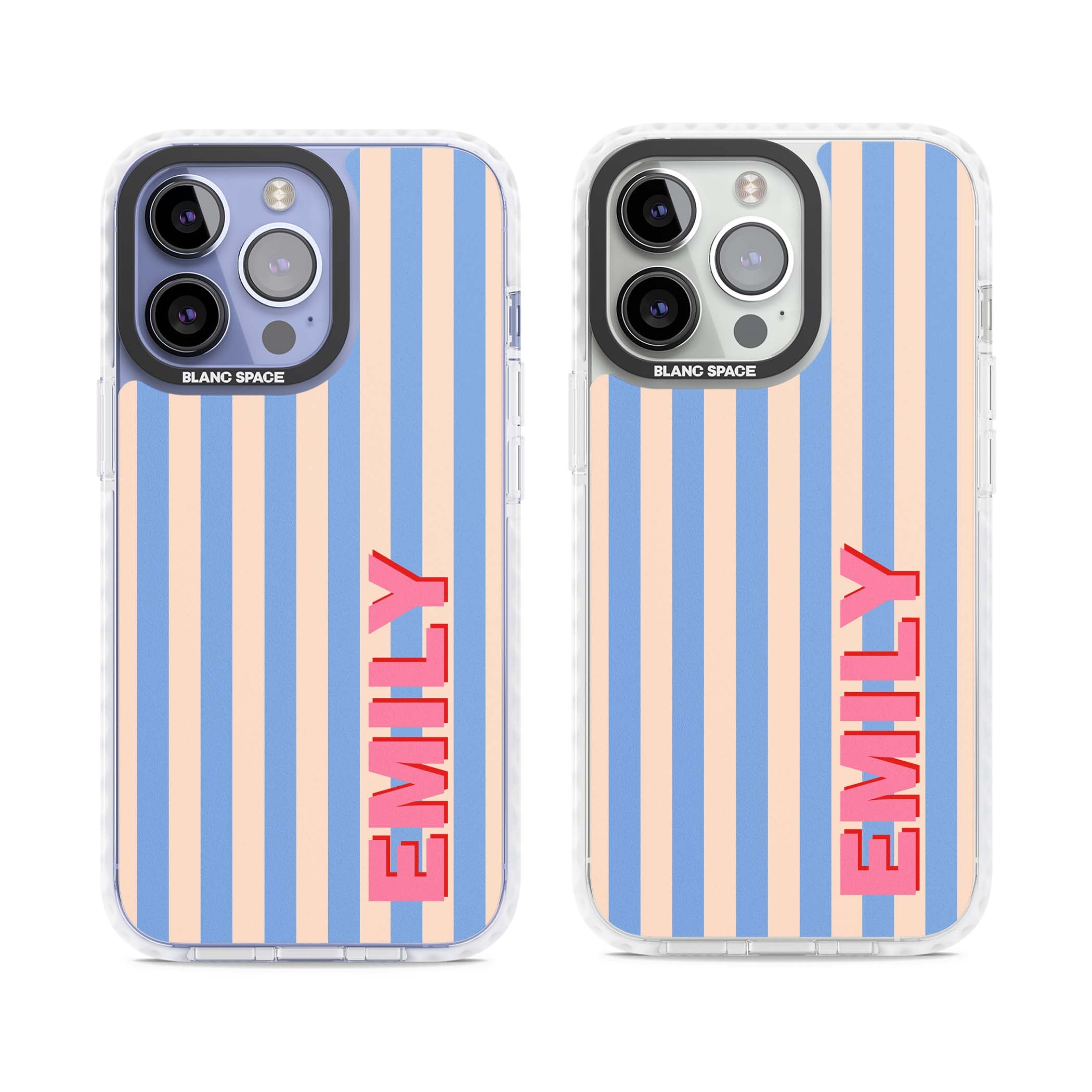 Coastal Stripe personalised coastal iPhone case with blue and peach vertical stripes and custom pink name | Impact Magsafe case for iPhone 13 Pro, iPhone 14 Pro, iPhone 15 Pro