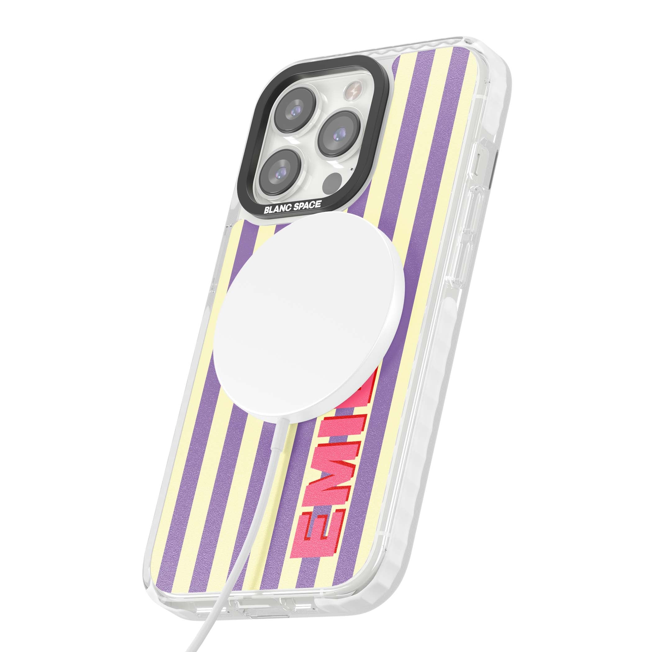Valensole Stripe personalised iPhone case with purple and cream vertical stripes and pink custom name | Impact Magsafe case for iPhone 13 Pro, iPhone 14 Pro, iPhone 15 Pro