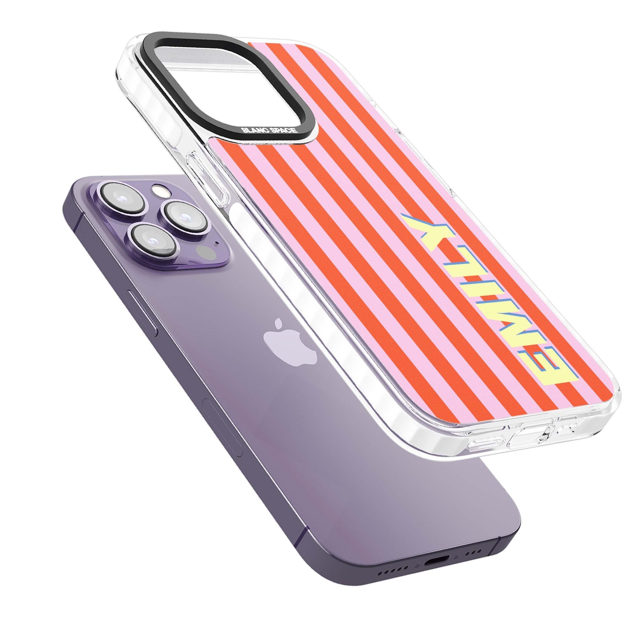 Havana Stripe personalised iPhone case featuring pink and orange vertical stripes with a custom yellow name | Impact Magsafe case for iPhone 13 Pro, iPhone 14 Pro, iPhone 15 Pro