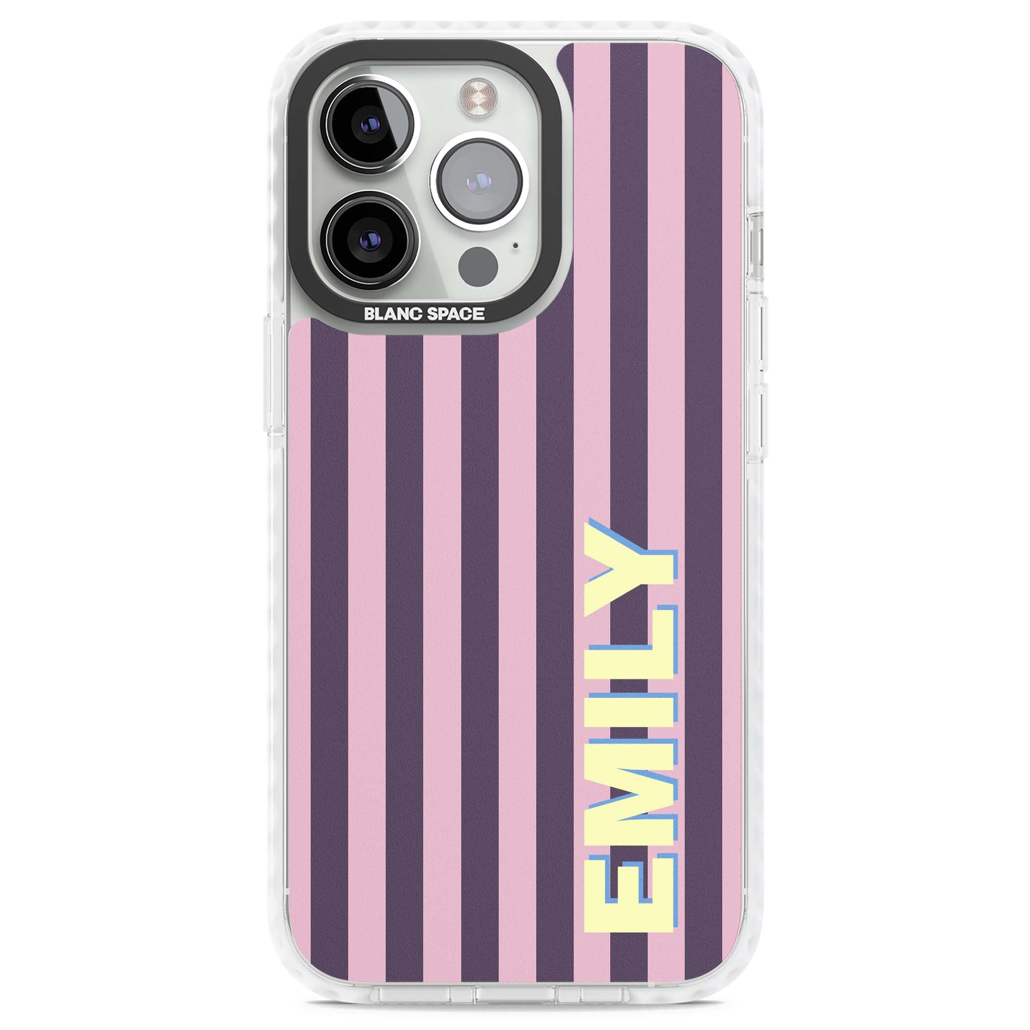 Tyre Stripe personalised stripe iPhone case with plum and pink vertical stripes and custom yellow name | Impact Magsafe case for iPhone 13 Pro, iPhone 14 Pro, iPhone 15 Pro