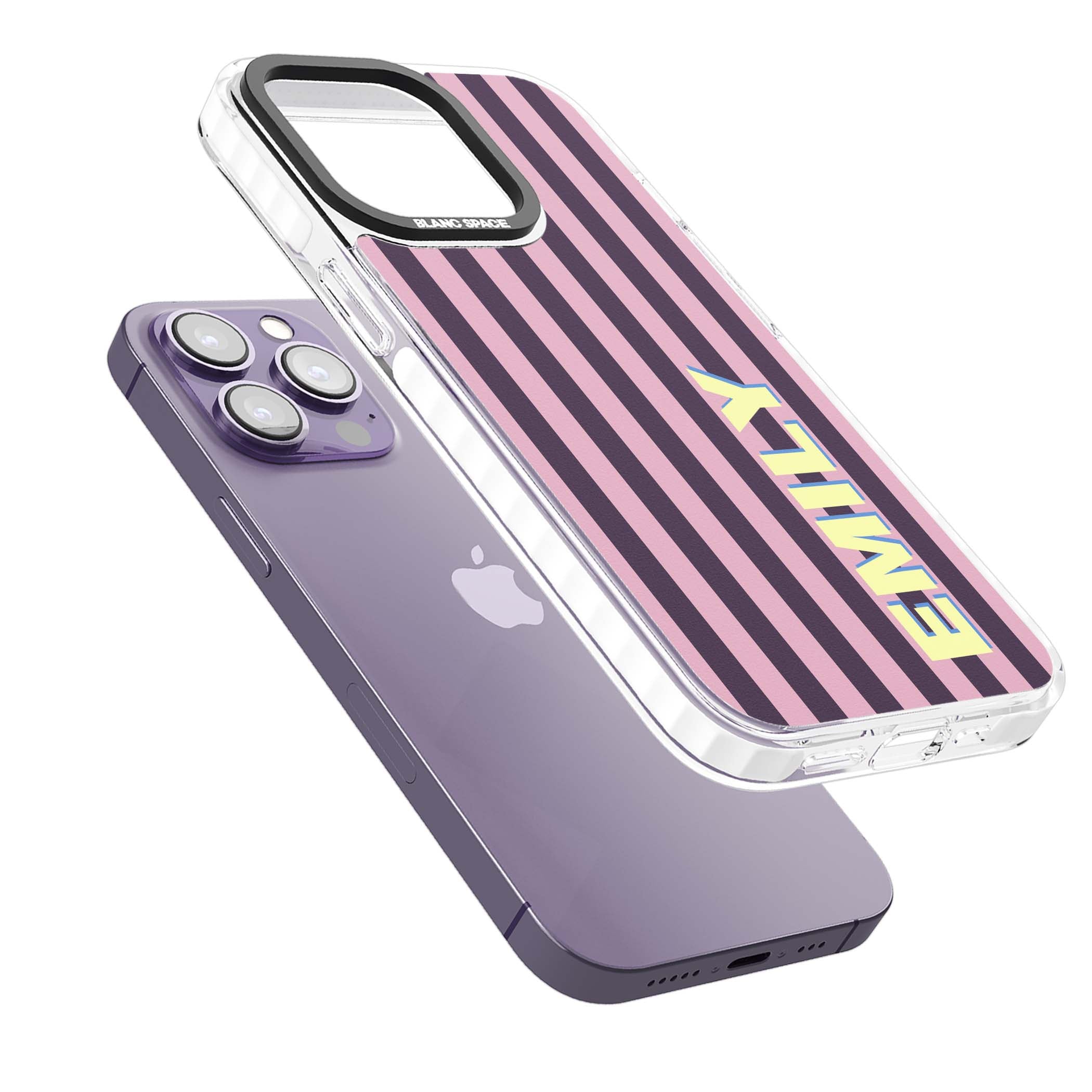 Tyre Stripe personalised stripe iPhone case with plum and pink vertical stripes and custom yellow name | Impact Magsafe case for iPhone 13 Pro, iPhone 14 Pro, iPhone 15 Pro